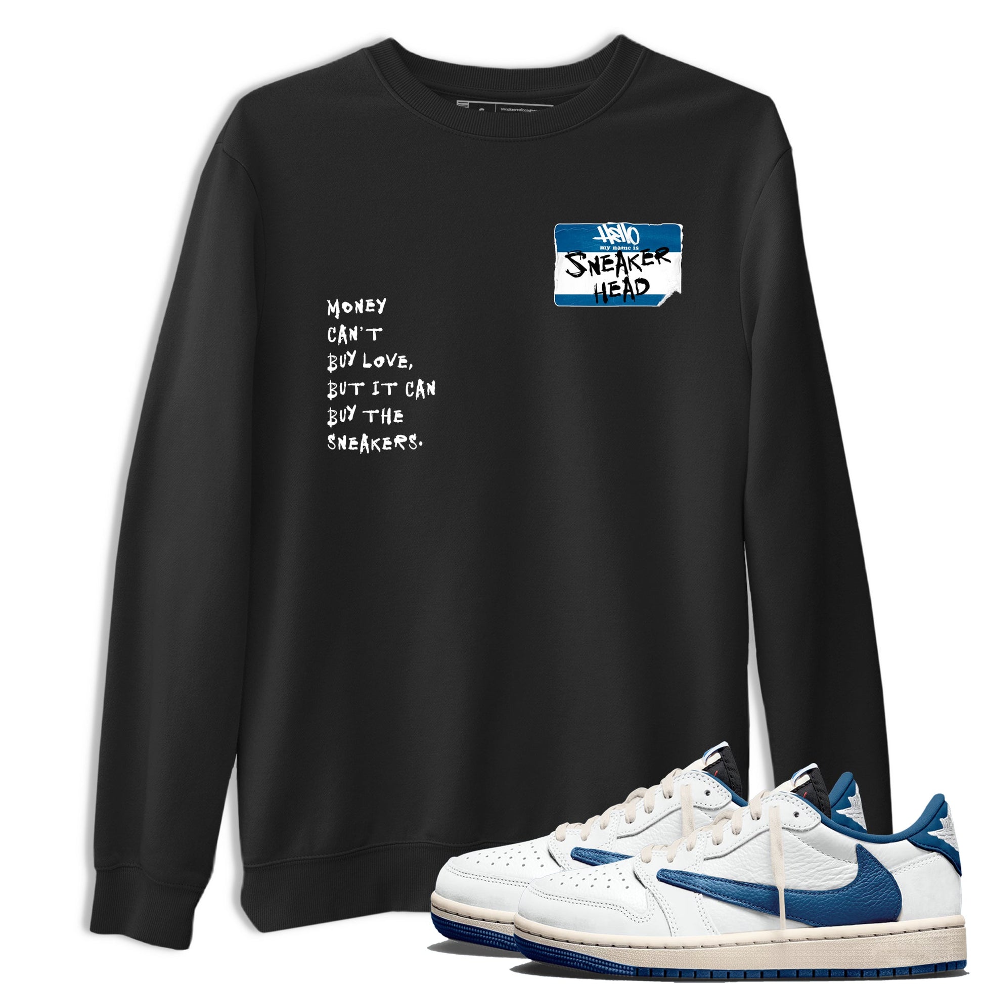Sneakerhead Badge sneaker match t-shirt styled to complete your fit with the Air Jordan 1 Travis Scott Fragment sneakers, shown in Black 1.