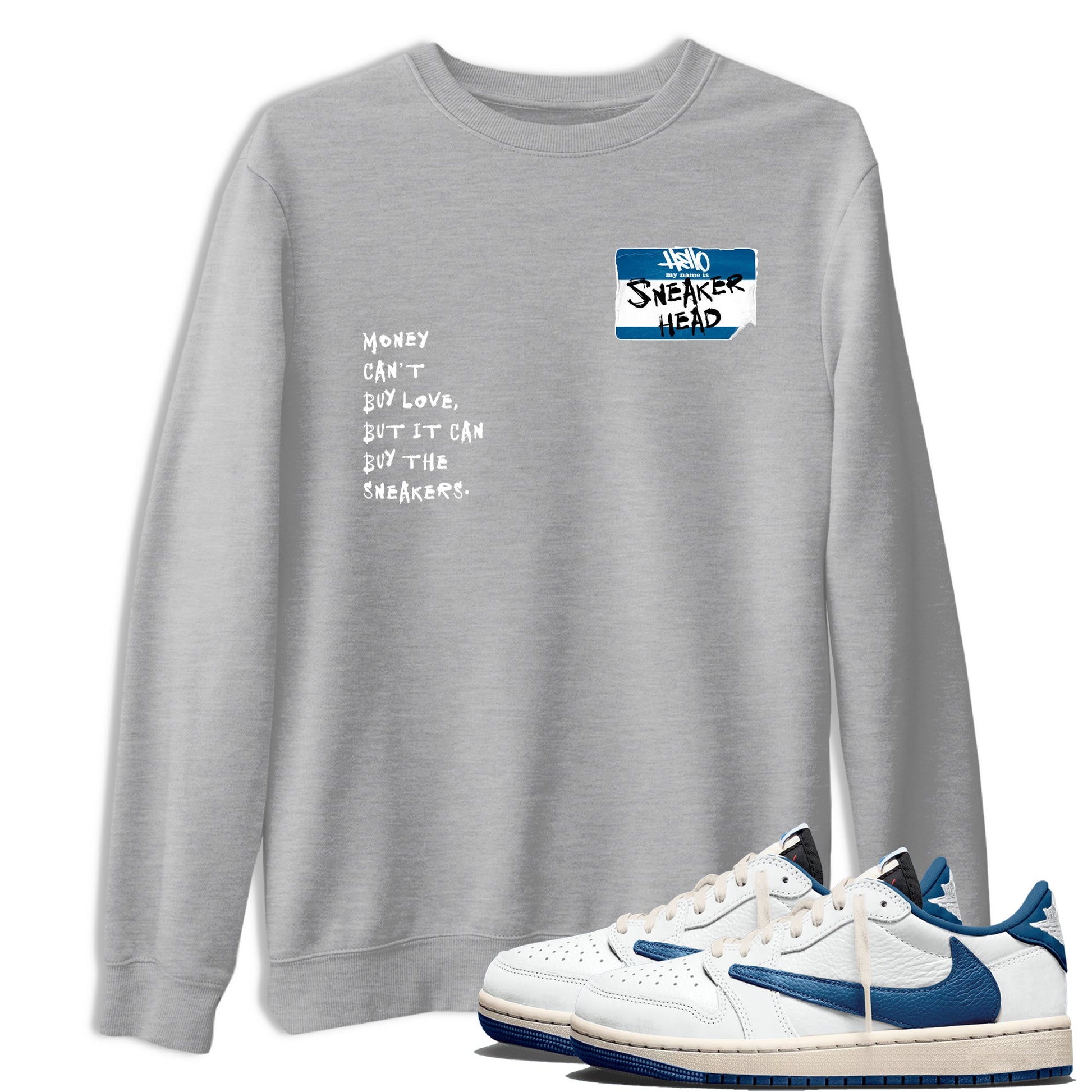 Sneakerhead Badge sneaker match t-shirt styled to complete your fit with the Air Jordan 1 Travis Scott Fragment sneakers, shown in Heather Grey 1.