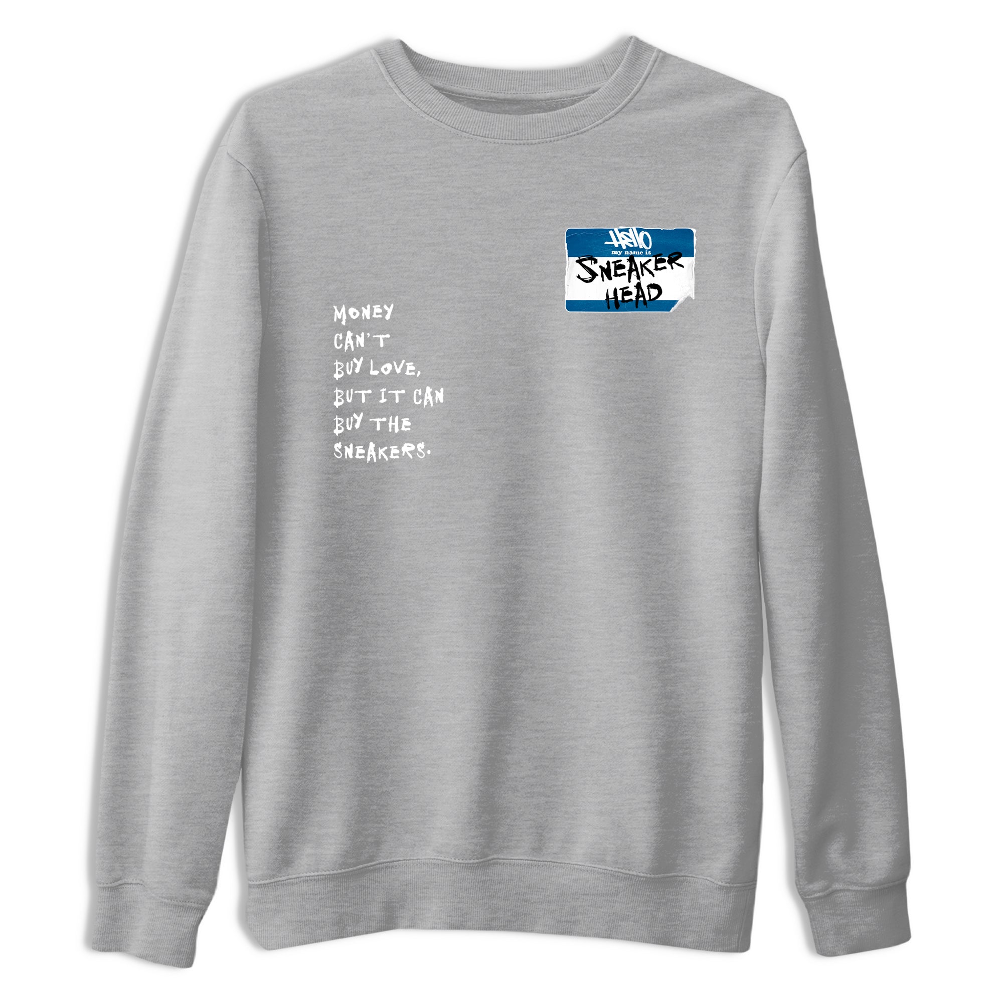 Sneakerhead Badge sneaker match t-shirt styled to complete your fit with the Air Jordan 1 Travis Scott Fragment sneakers, shown in Heather Grey 2.