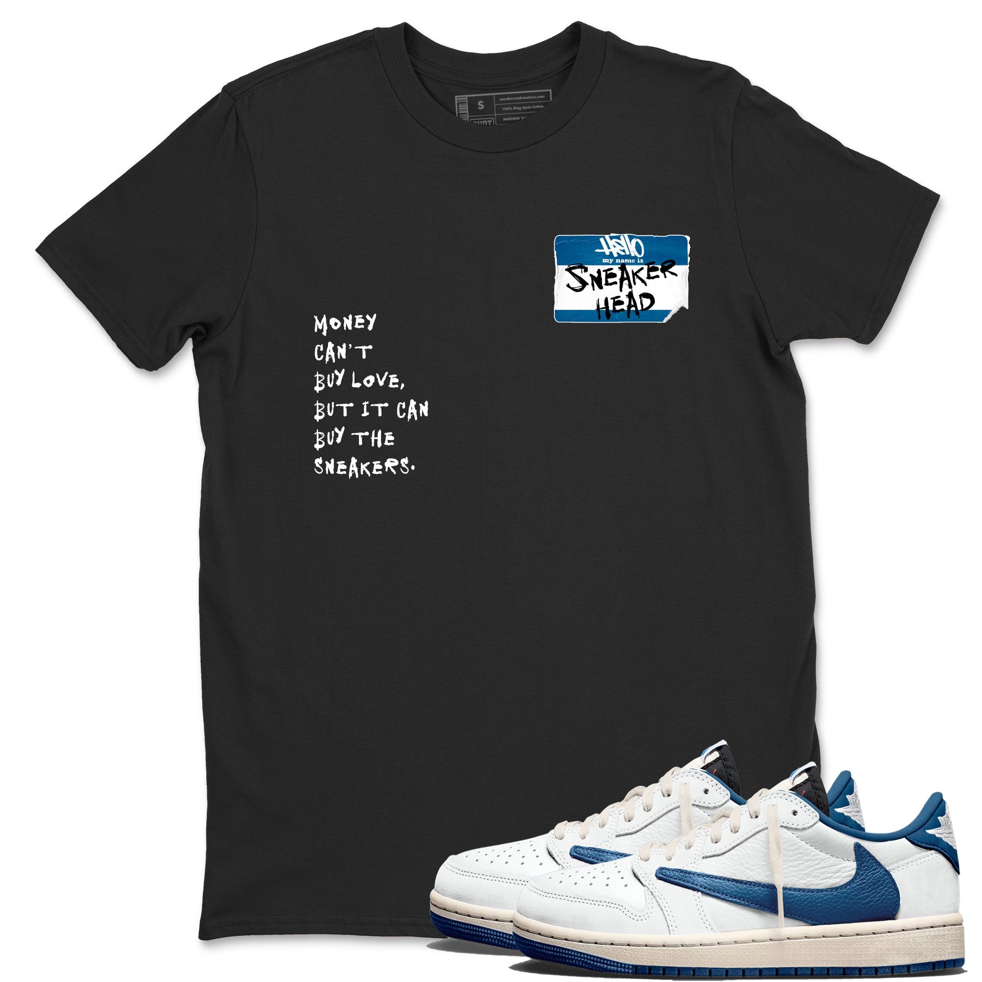 Sneakerhead Badge sneaker match t-shirt styled to complete your fit with the Air Jordan 1 Travis Scott Fragment sneakers, shown in Black 1.