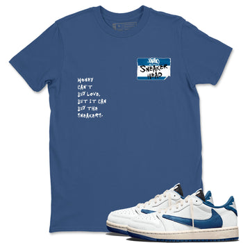 Sneakerhead Badge sneaker match t-shirt styled to complete your fit with the Air Jordan 1 Travis Scott Fragment sneakers, shown in Denim Blue 1.
