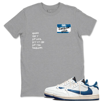 Sneakerhead Badge sneaker match t-shirt styled to complete your fit with the Air Jordan 1 Travis Scott Fragment sneakers, shown in Heather Grey 1.