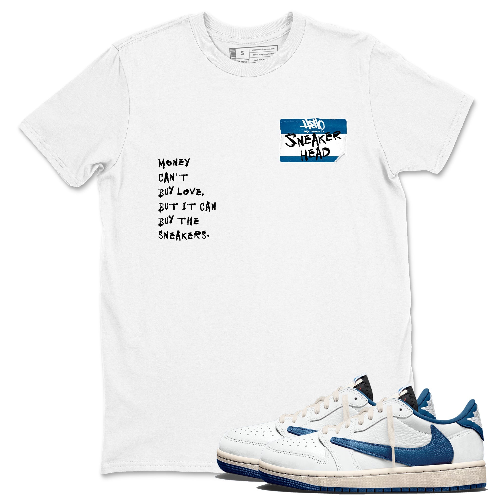 Sneakerhead Badge sneaker match t-shirt styled to complete your fit with the Air Jordan 1 Travis Scott Fragment sneakers, shown in White 1.