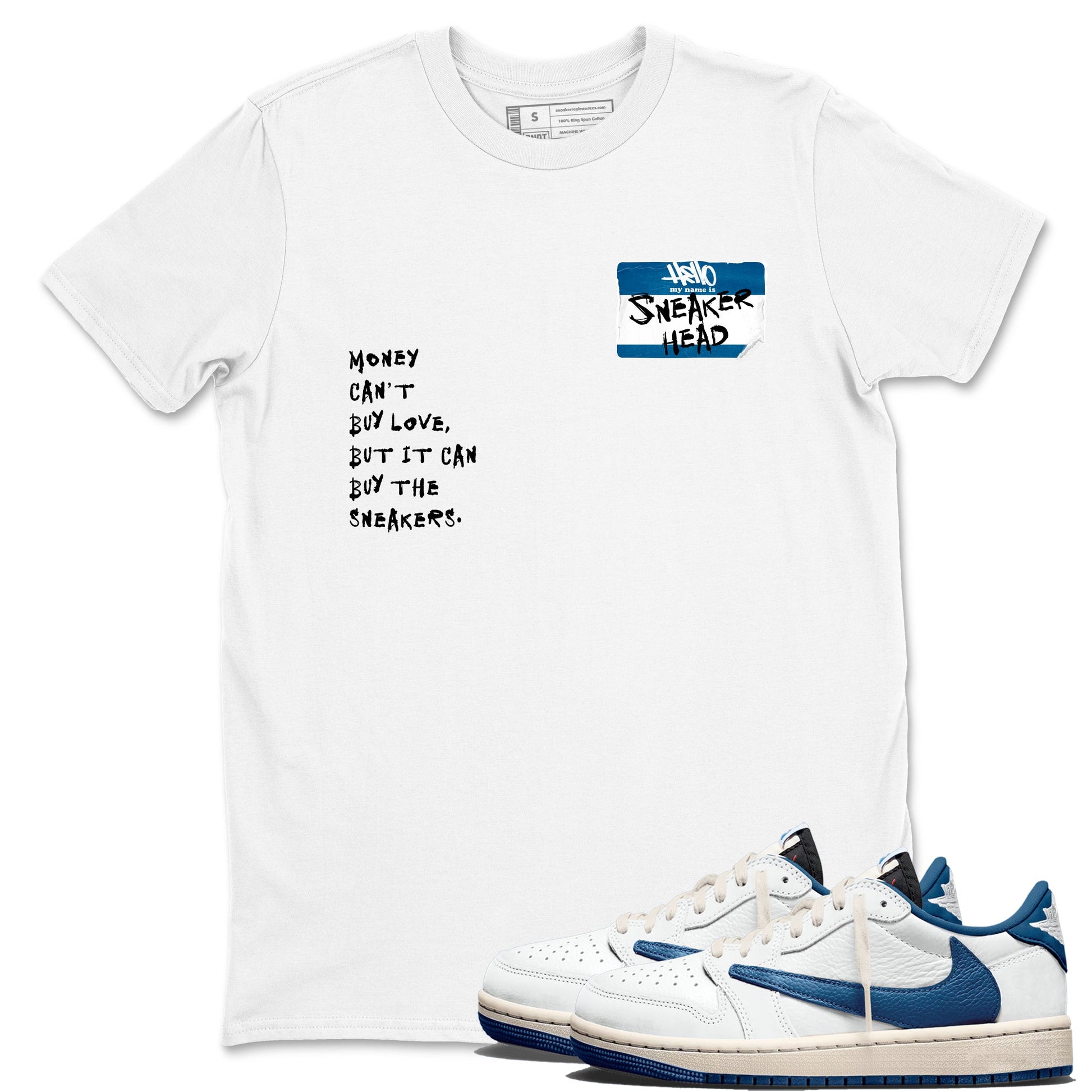 Sneakerhead Badge sneaker match t-shirt styled to complete your fit with the Air Jordan 1 Travis Scott Fragment sneakers, shown in White 1.