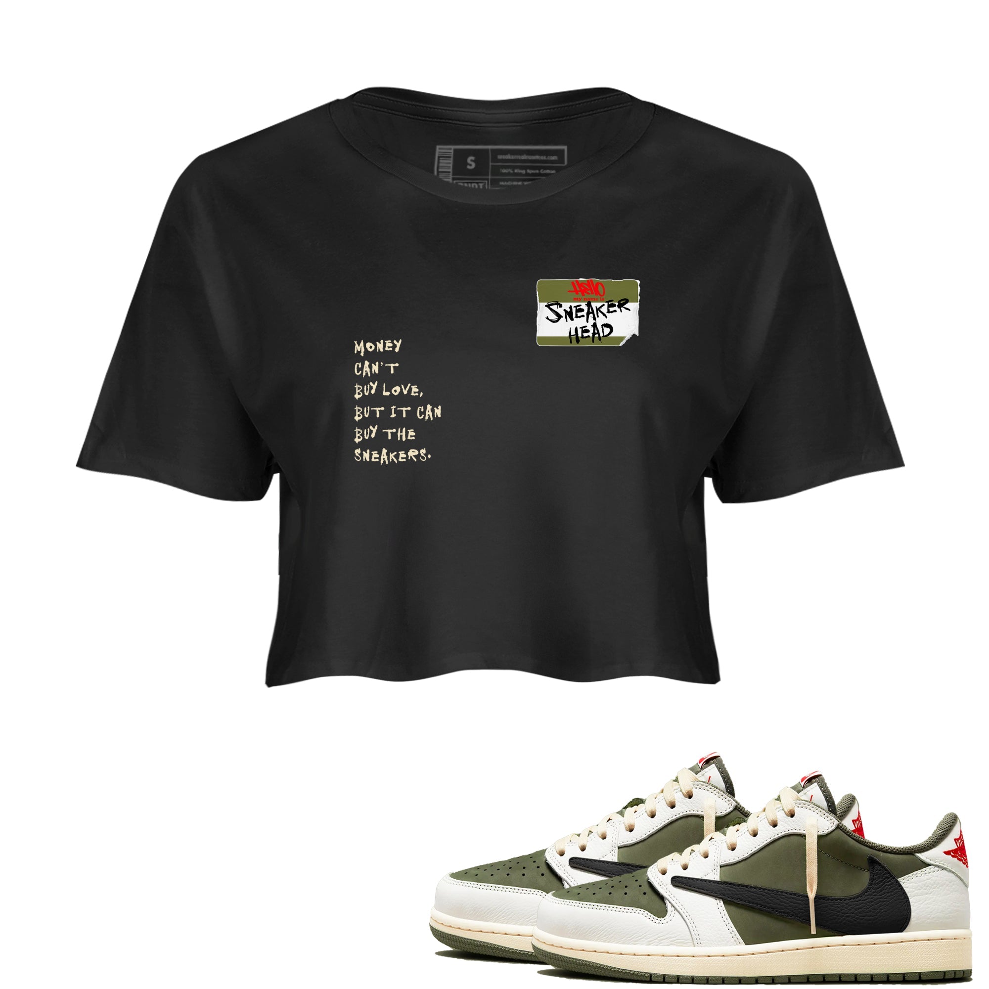 1s Travis Scott Medium Olive shirts to match jordans Sneakerhead Badge sneaker match tees Air Jordan 1 Travis Scott Medium Olive SNRT Sneaker Tees streetwear brand Black 1 crop tee