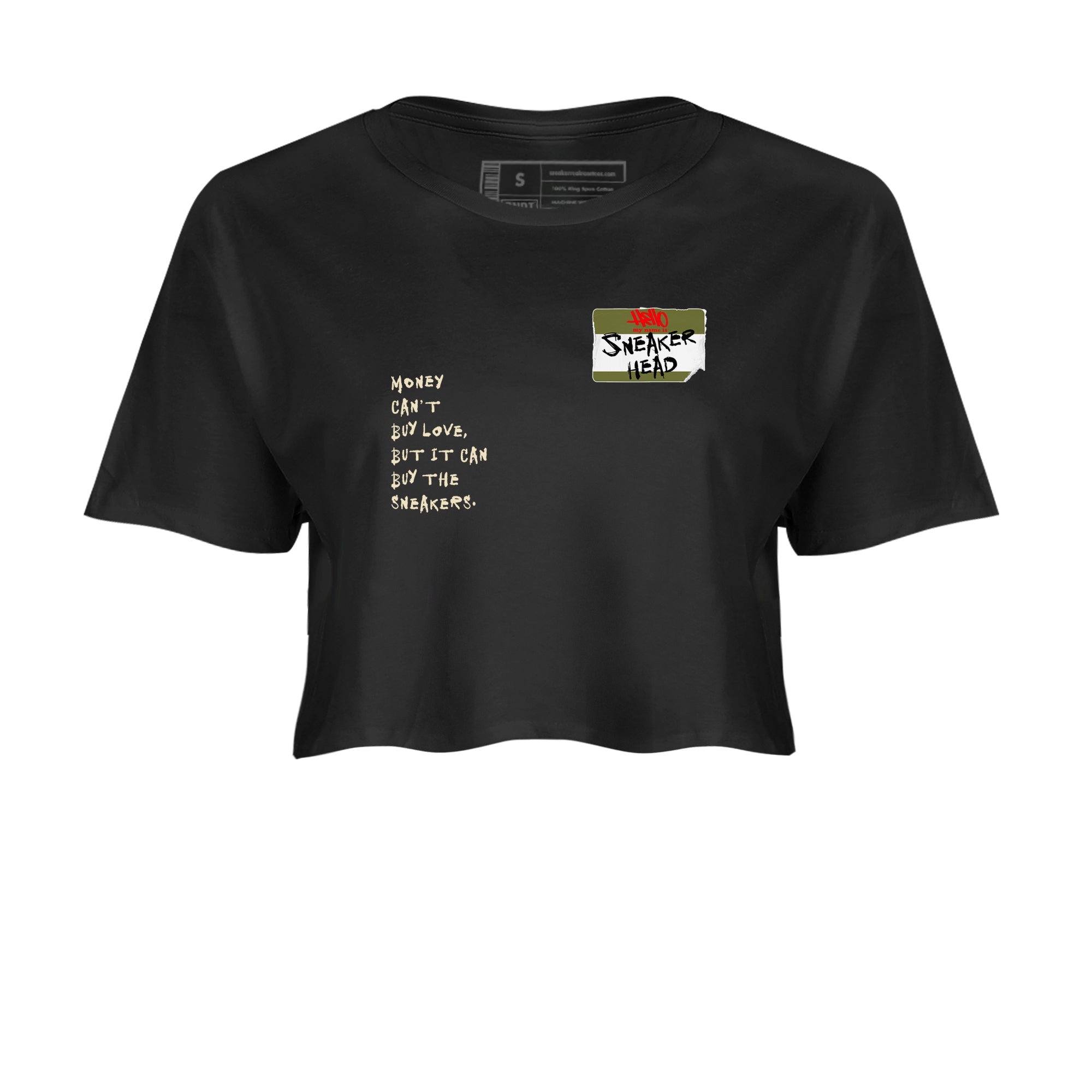1s Travis Scott Medium Olive shirts to match jordans Sneakerhead Badge sneaker match tees Air Jordan 1 Travis Scott Medium Olive SNRT Sneaker Tees streetwear brand Black 2 crop tee