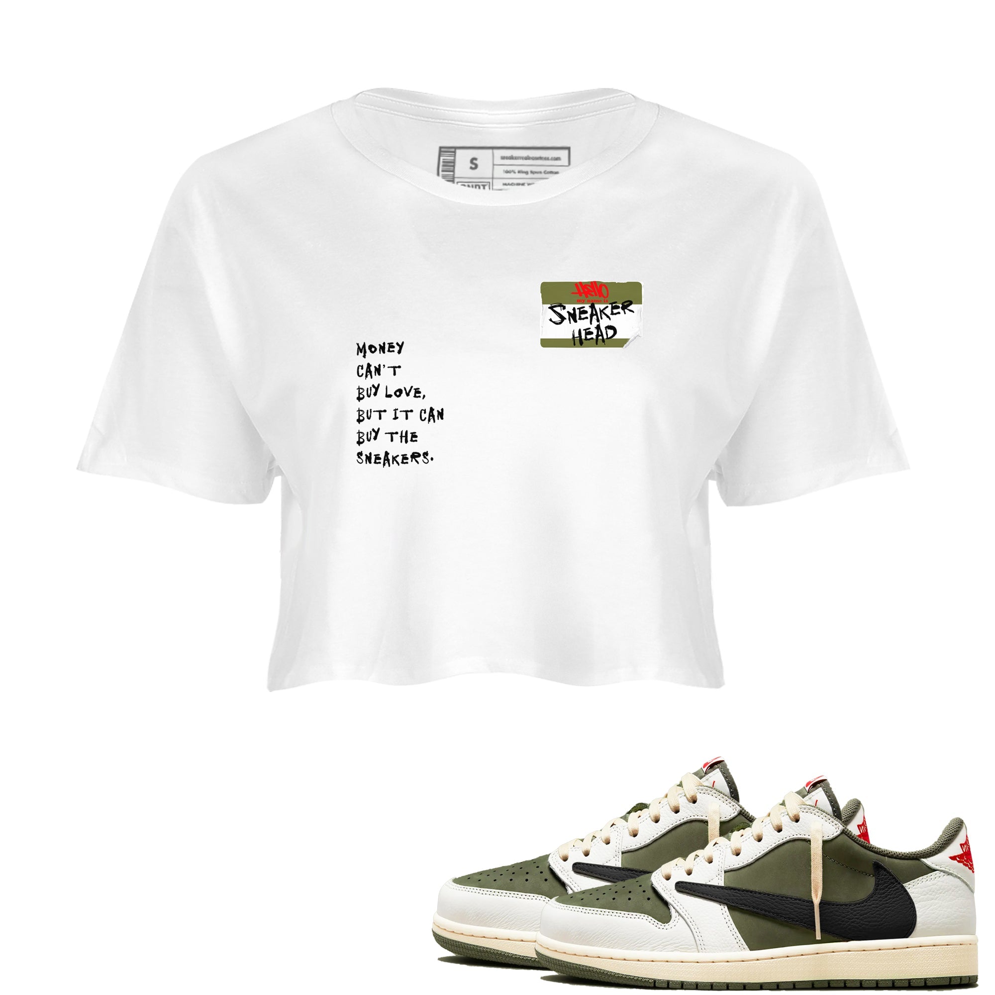 1s Travis Scott Medium Olive shirts to match jordans Sneakerhead Badge sneaker match tees Air Jordan 1 Travis Scott Medium Olive SNRT Sneaker Tees streetwear brand White 1 crop tee