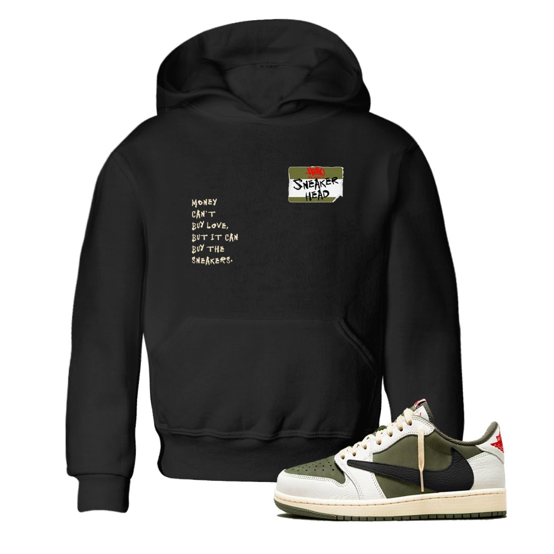 1s Travis Scott Medium Olive shirts to match jordans Sneakerhead Badge sneaker match tees Air Jordan 1 Travis Scott Medium Olive SNRT Sneaker Tees streetwear brand Baby and Youth Black 1 cotton tee