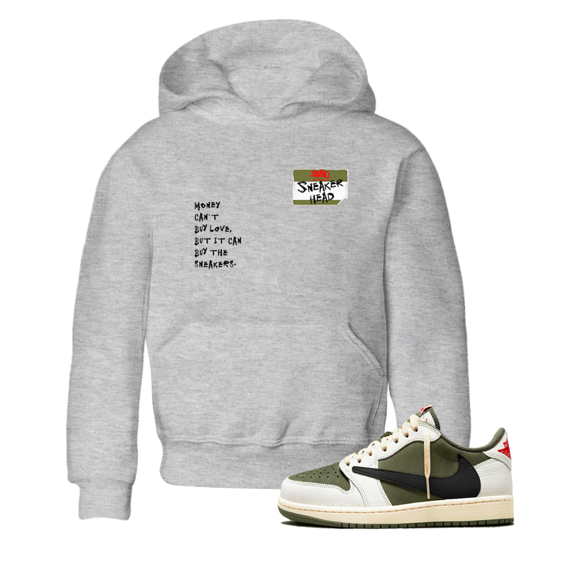 1s Travis Scott Medium Olive shirts to match jordans Sneakerhead Badge sneaker match tees Air Jordan 1 Travis Scott Medium Olive SNRT Sneaker Tees streetwear brand Baby and Youth Heather Grey 1 cotton tee