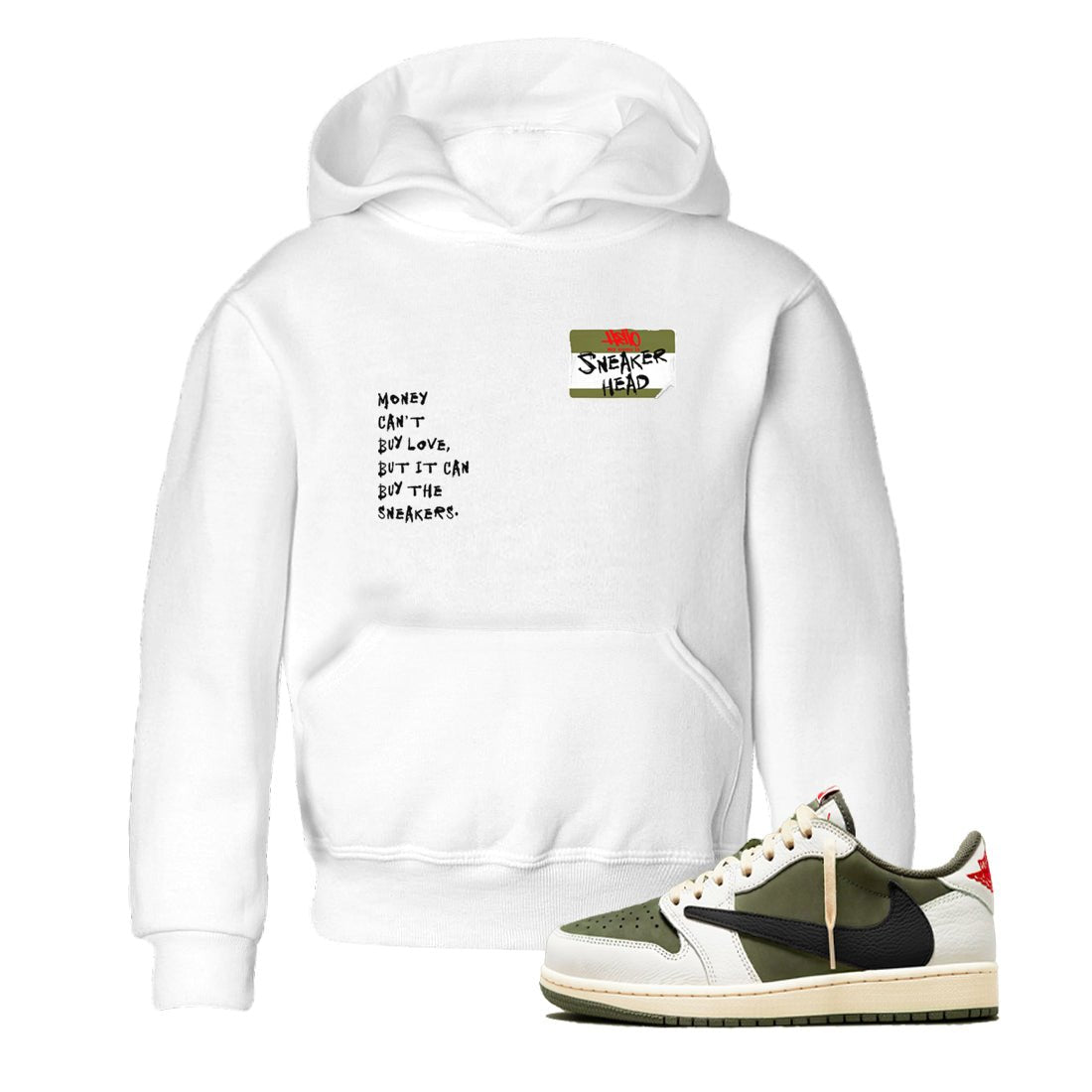 1s Travis Scott Medium Olive shirts to match jordans Sneakerhead Badge sneaker match tees Air Jordan 1 Travis Scott Medium Olive SNRT Sneaker Tees streetwear brand Baby and Youth White 1 cotton tee