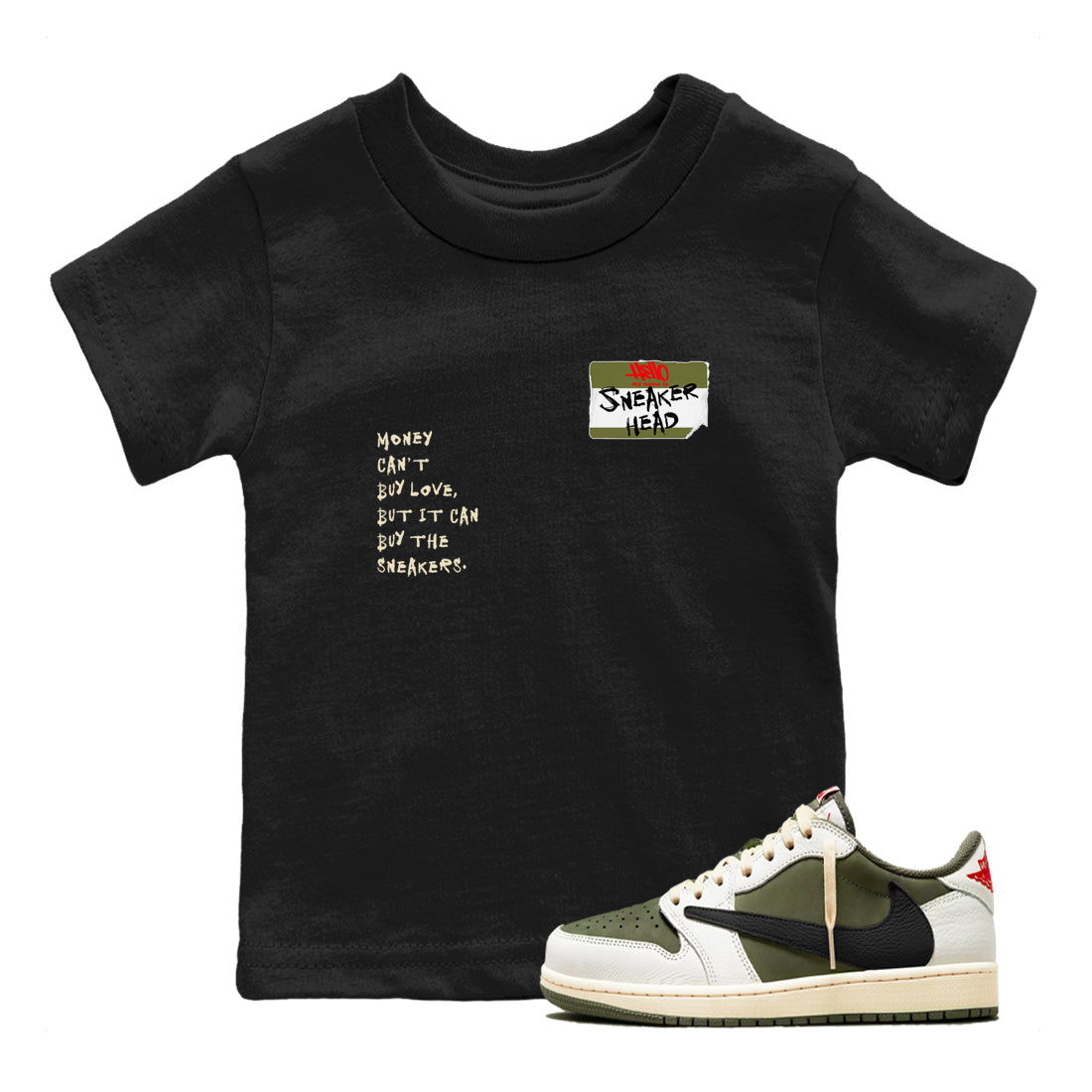 Sneakerhead Badge Kids Tops - Air Jordan 1 Travis Scott Medium Olive - SNRT Sneaker T-shirts