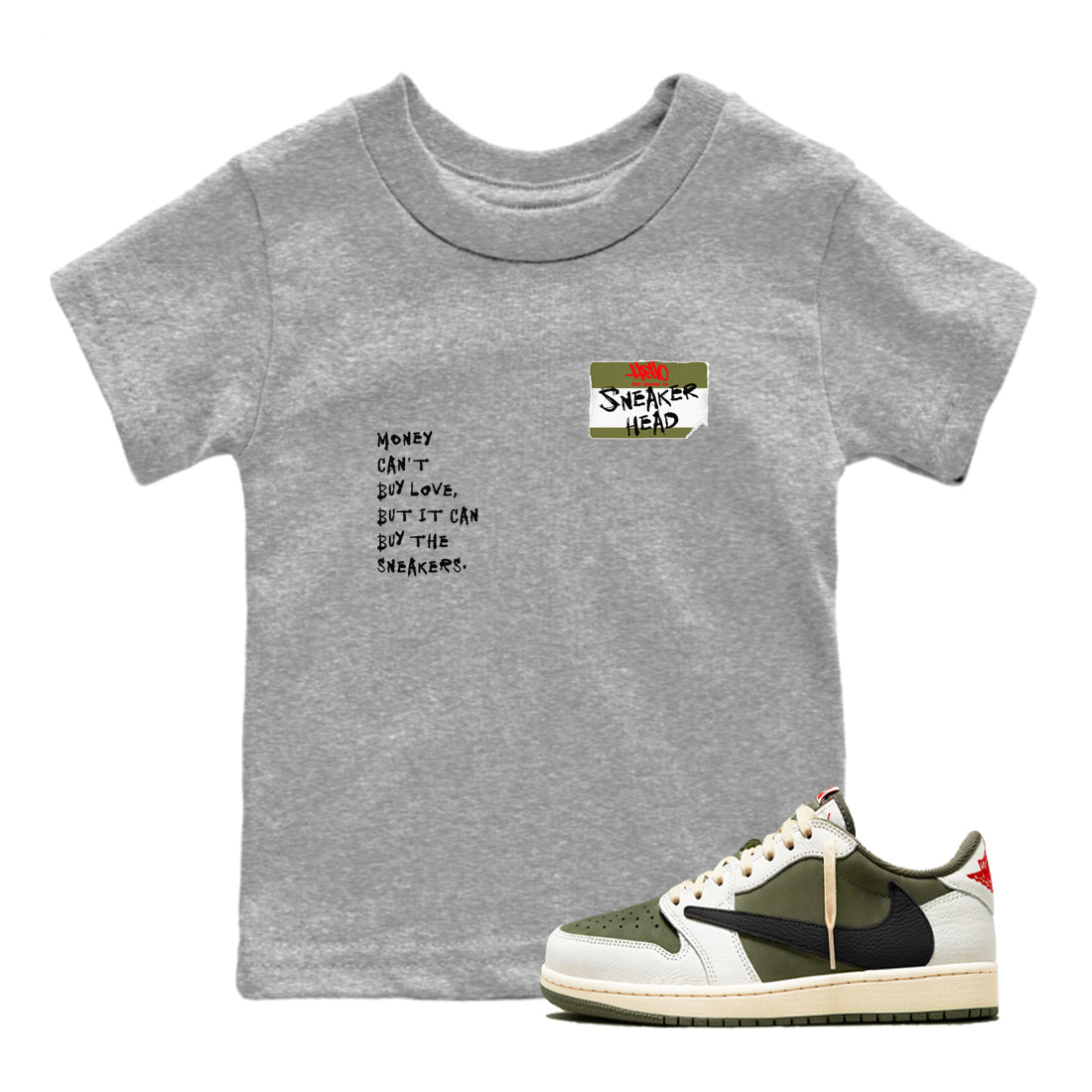 1s Travis Scott Medium Olive shirts to match jordans Sneakerhead Badge sneaker match tees Air Jordan 1 Travis Scott Medium Olive SNRT Sneaker Tees streetwear brand Baby and Youth Heather Grey 1 cotton tee