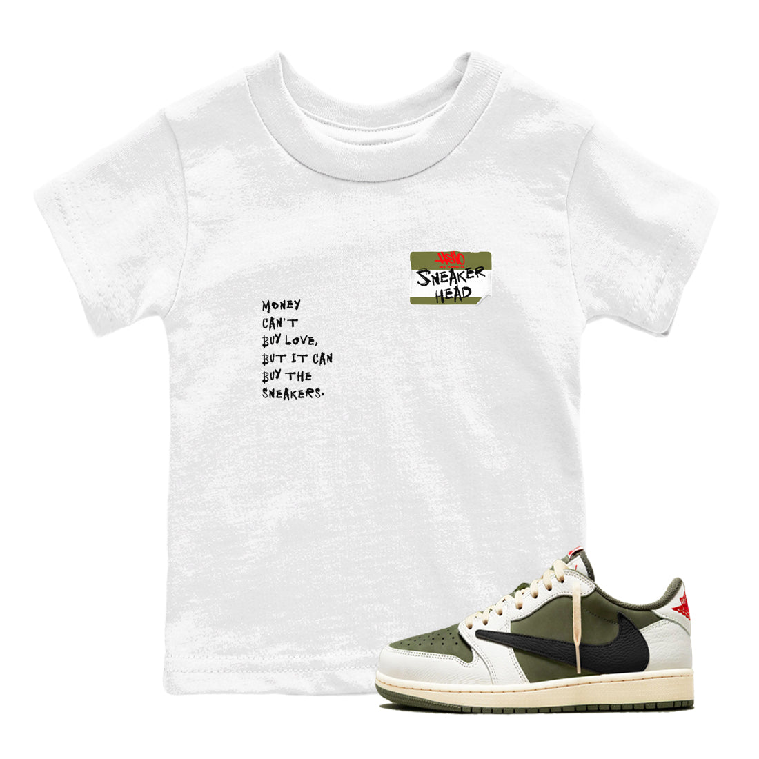 1s Travis Scott Medium Olive shirts to match jordans Sneakerhead Badge sneaker match tees Air Jordan 1 Travis Scott Medium Olive SNRT Sneaker Tees streetwear brand Baby and Youth White 1 cotton tee
