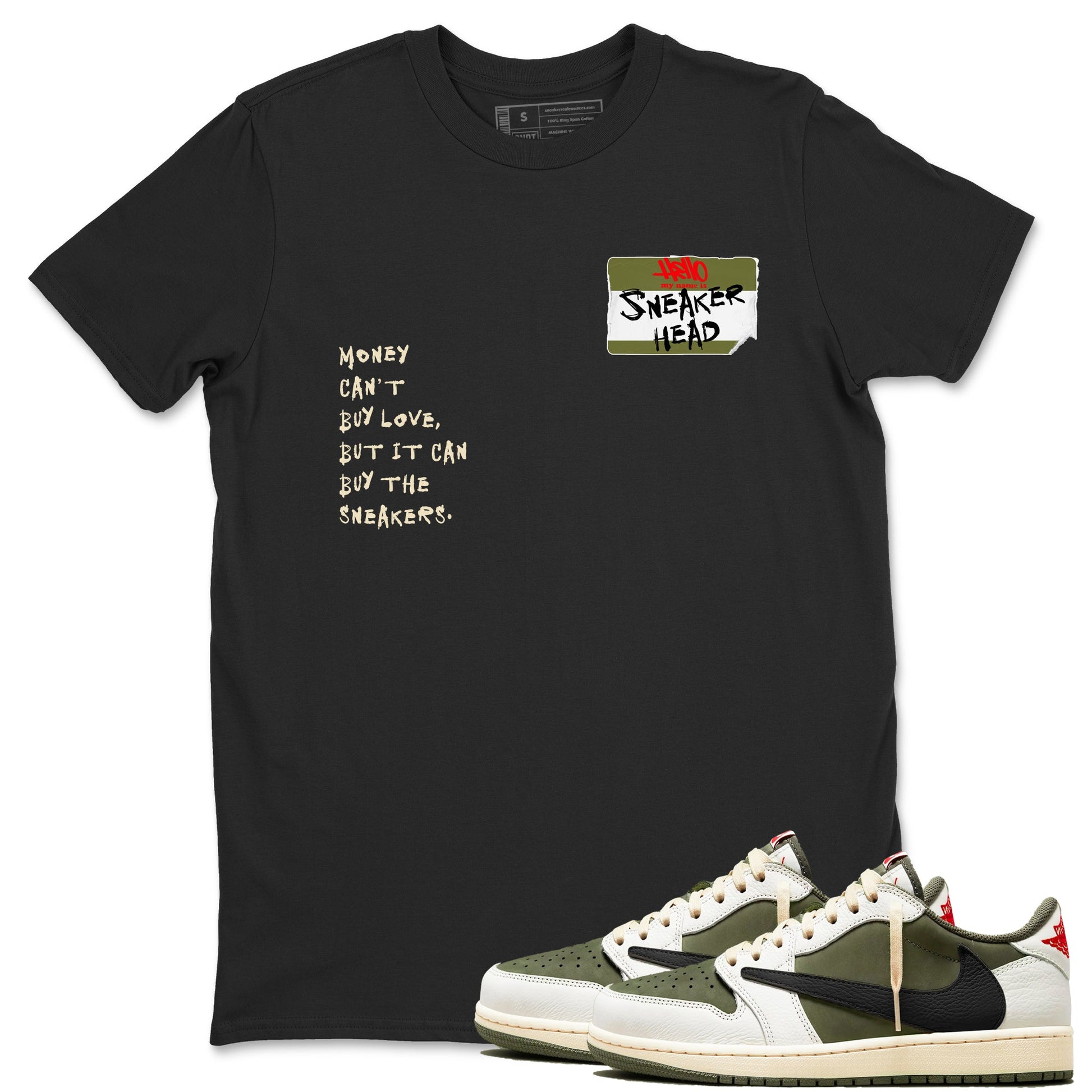 1s Travis Scott Medium Olive shirts to match jordans Sneakerhead Badge sneaker match tees Air Jordan 1 Travis Scott Medium Olive SNRT Sneaker Tees streetwear brand Black 1 unisex cotton tee