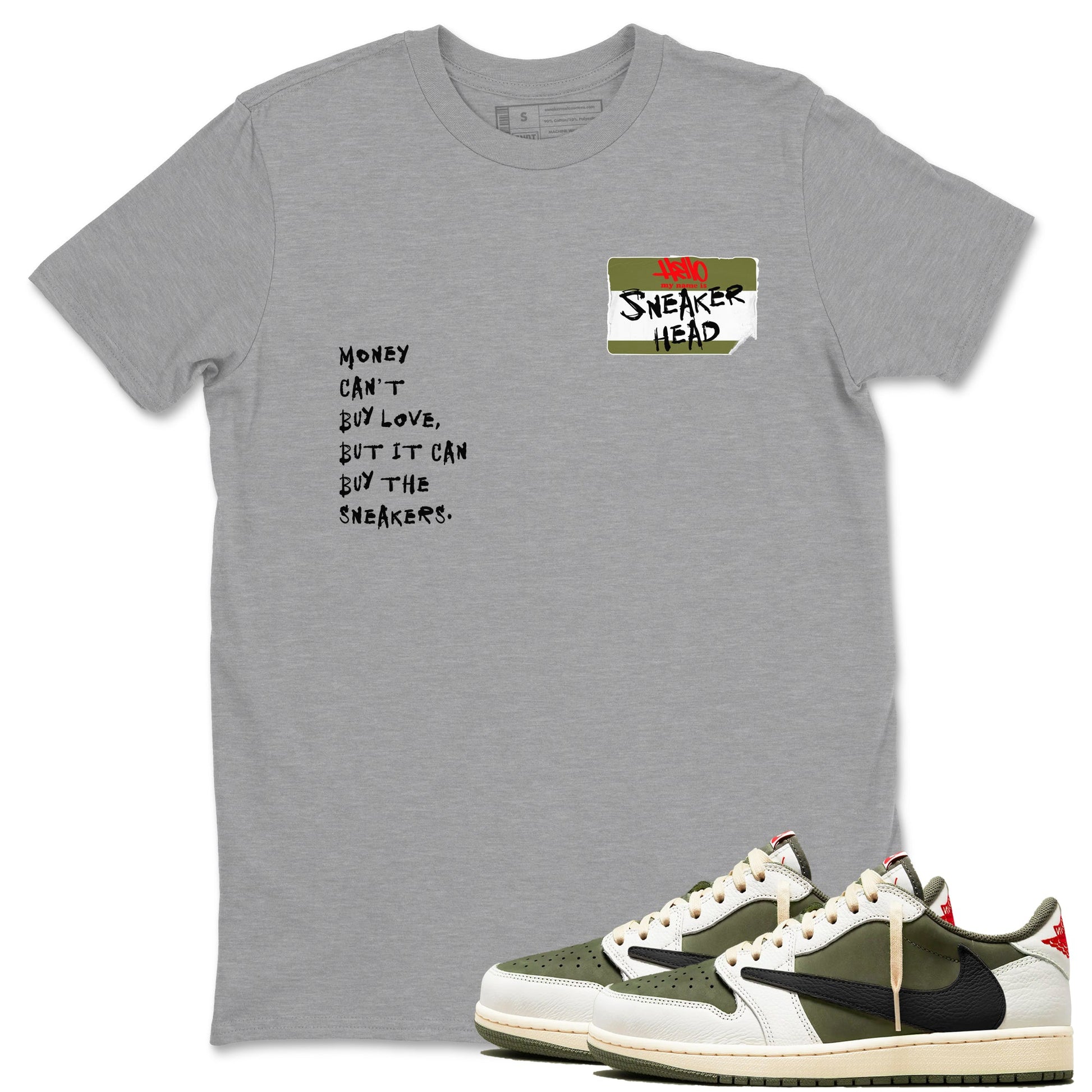 1s Travis Scott Medium Olive shirts to match jordans Sneakerhead Badge sneaker match tees Air Jordan 1 Travis Scott Medium Olive SNRT Sneaker Tees streetwear brand Heather Grey 1 unisex cotton tee