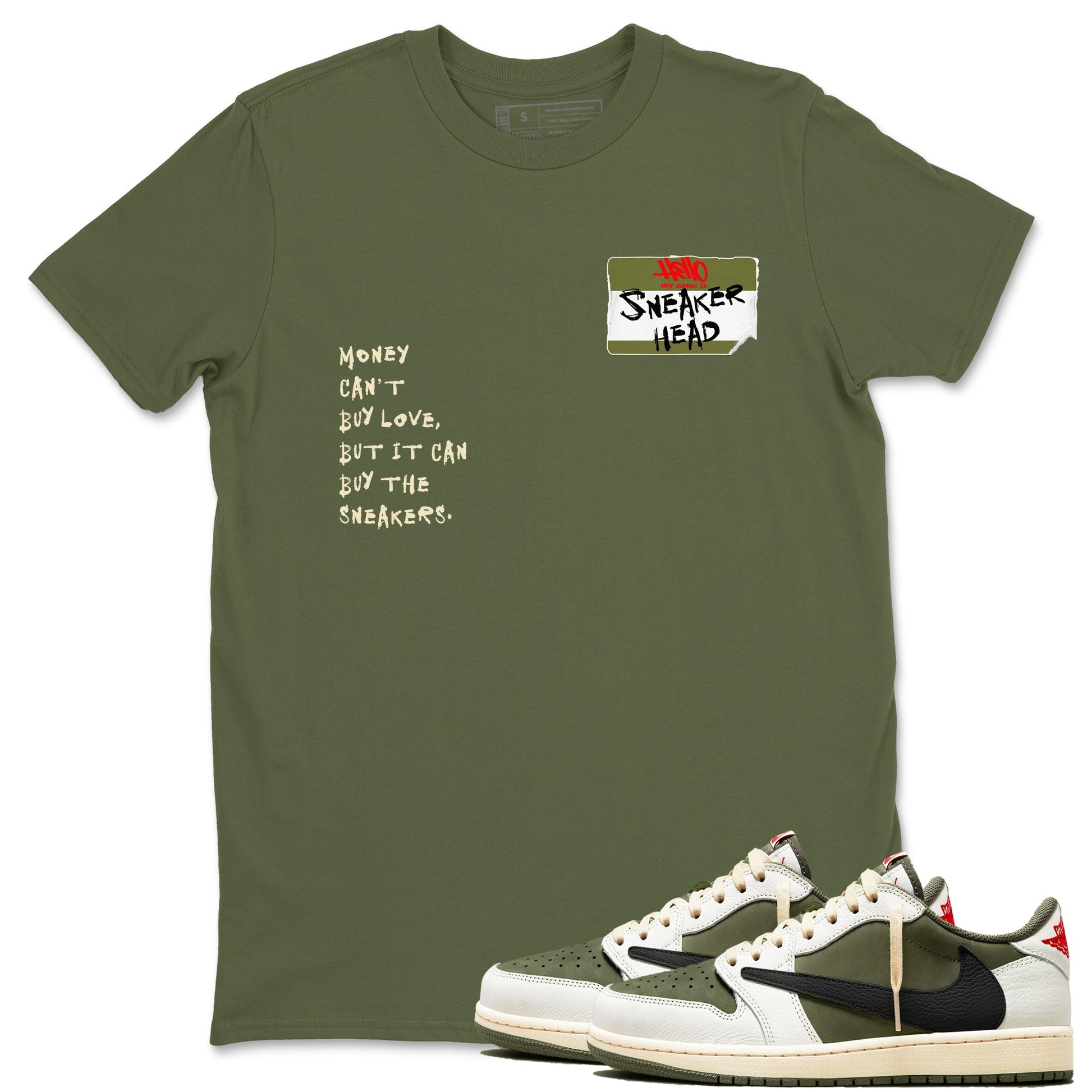 1s Travis Scott Medium Olive shirts to match jordans Sneakerhead Badge sneaker match tees Air Jordan 1 Travis Scott Medium Olive SNRT Sneaker Tees streetwear brand Military Green 1 unisex cotton tee