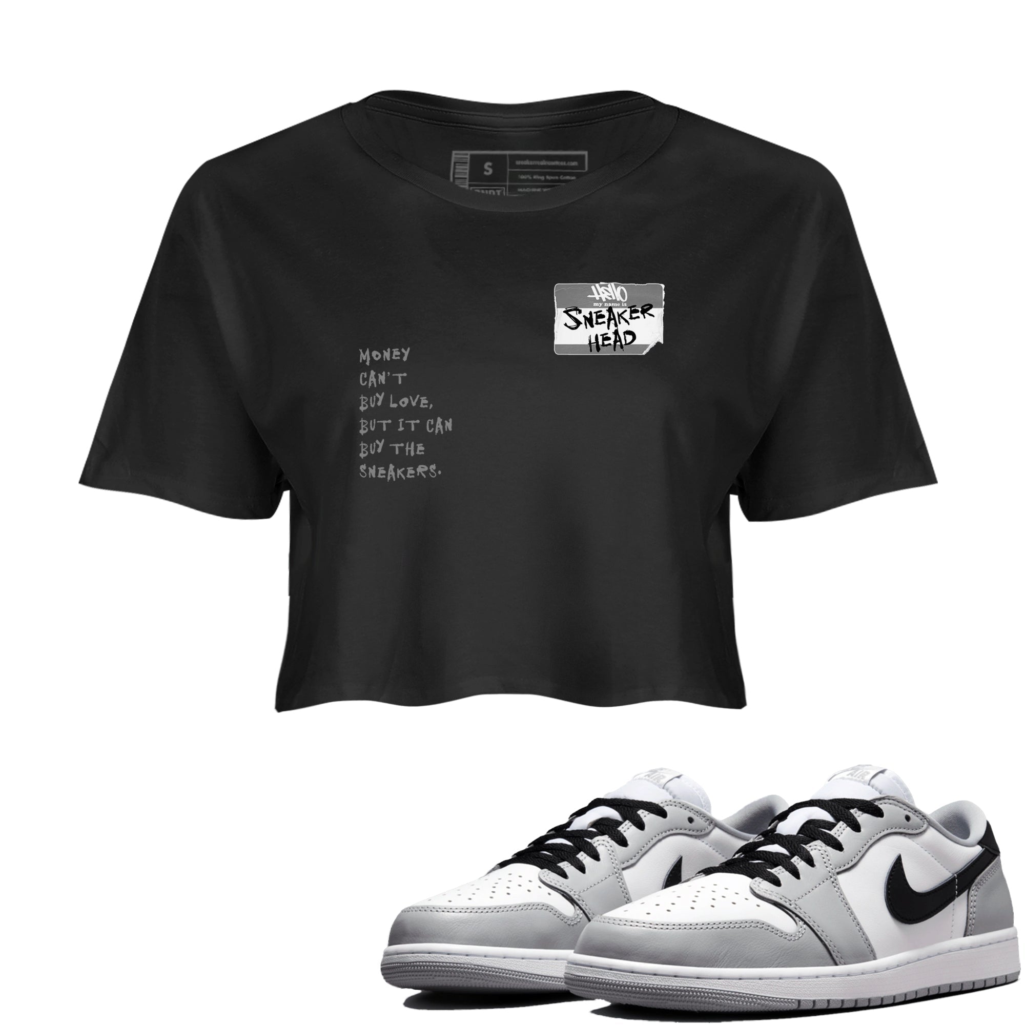 AJ1 Wolf Grey shirts to match jordans Sneakerhead Badge sneaker match tees Air Jordan 1 Wolf Grey SNRT Sneaker Tees streetwear brand Black 1 crop tee