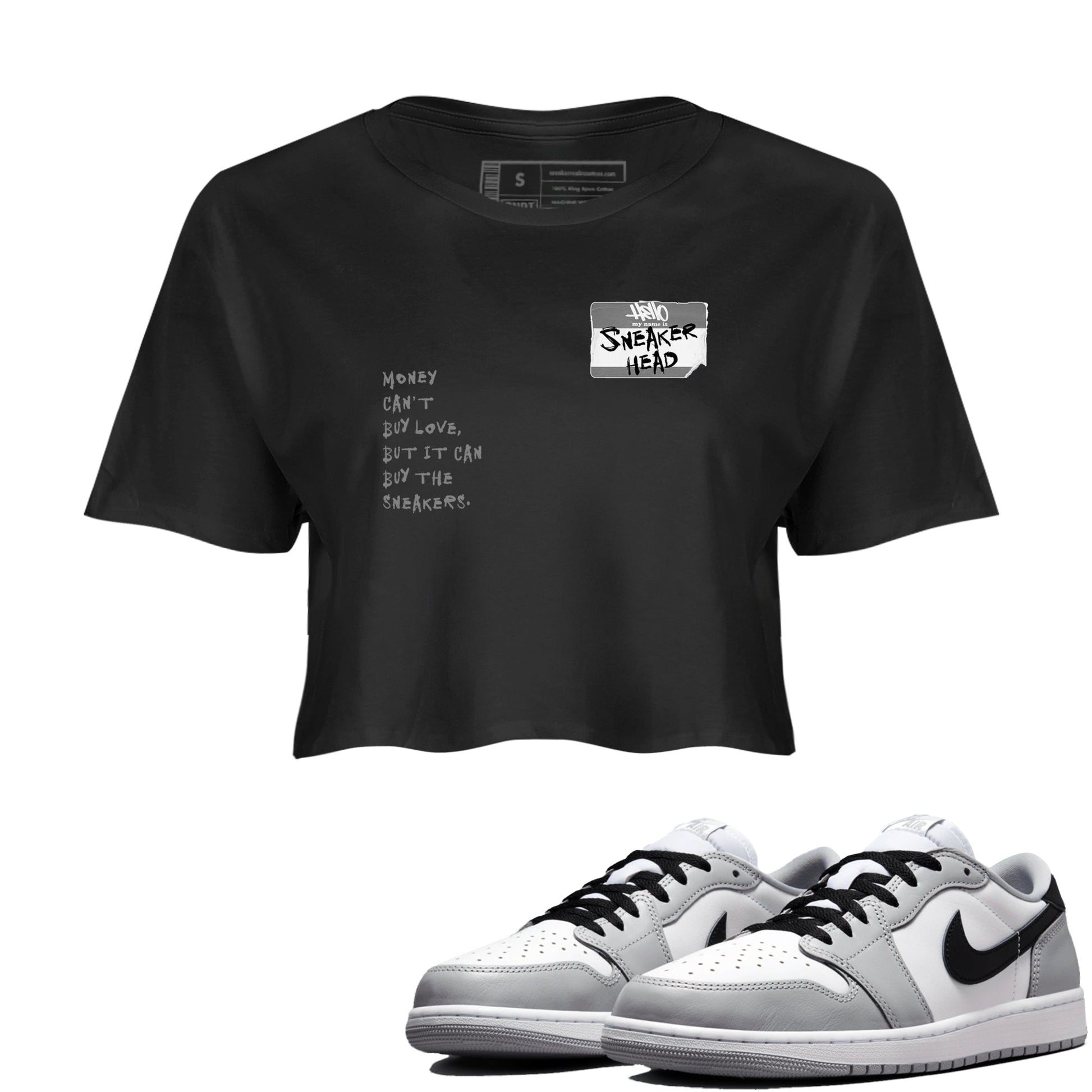 AJ1 Wolf Grey shirts to match jordans Sneakerhead Badge sneaker match tees Air Jordan 1 Wolf Grey SNRT Sneaker Tees streetwear brand Black 1 crop tee