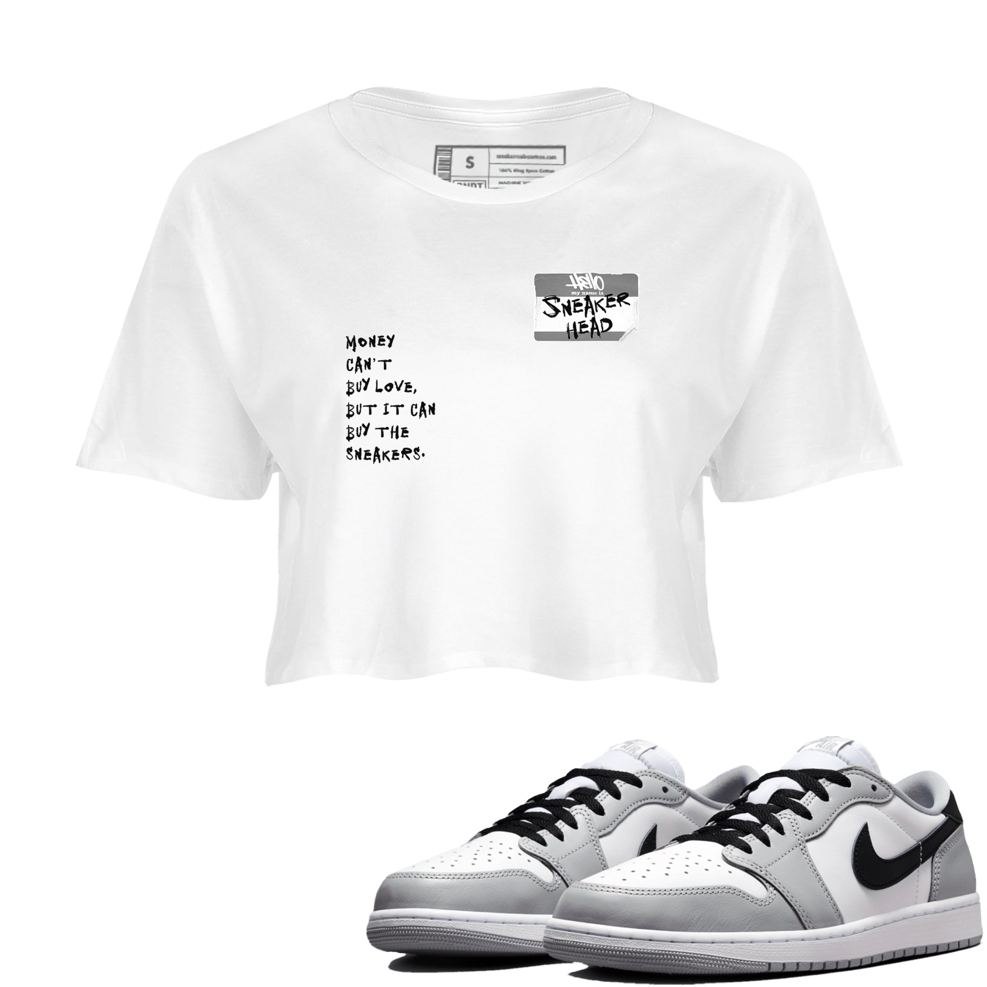 AJ1 Wolf Grey shirts to match jordans Sneakerhead Badge sneaker match tees Air Jordan 1 Wolf Grey SNRT Sneaker Tees streetwear brand White 1 crop tee