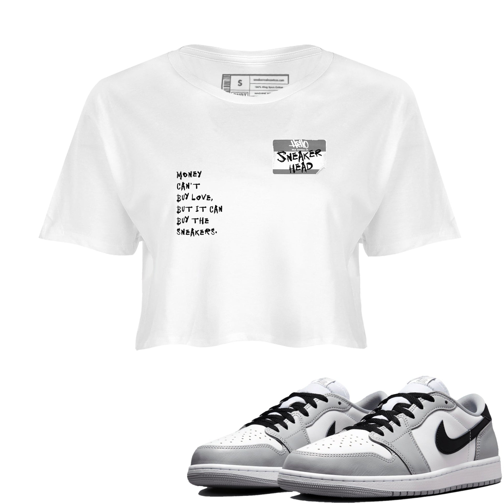 AJ1 Wolf Grey shirts to match jordans Sneakerhead Badge sneaker match tees Air Jordan 1 Wolf Grey SNRT Sneaker Tees streetwear brand White 1 crop tee