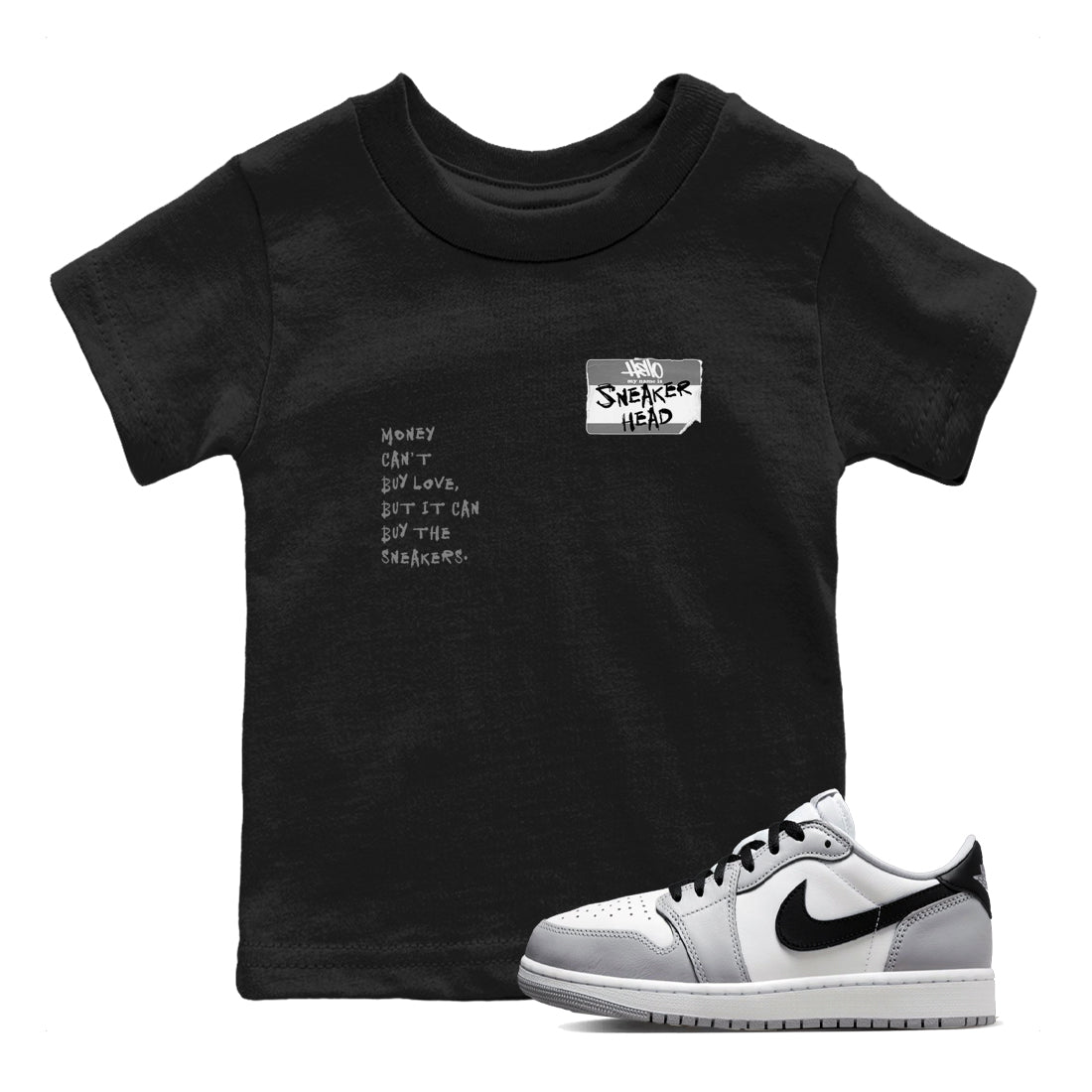 AJ1 Wolf Grey shirts to match jordans Sneakerhead Badge sneaker match tees Air Jordan 1 Wolf Grey SNRT Sneaker Tees streetwear brand Baby and Youth Black 1 cotton tee