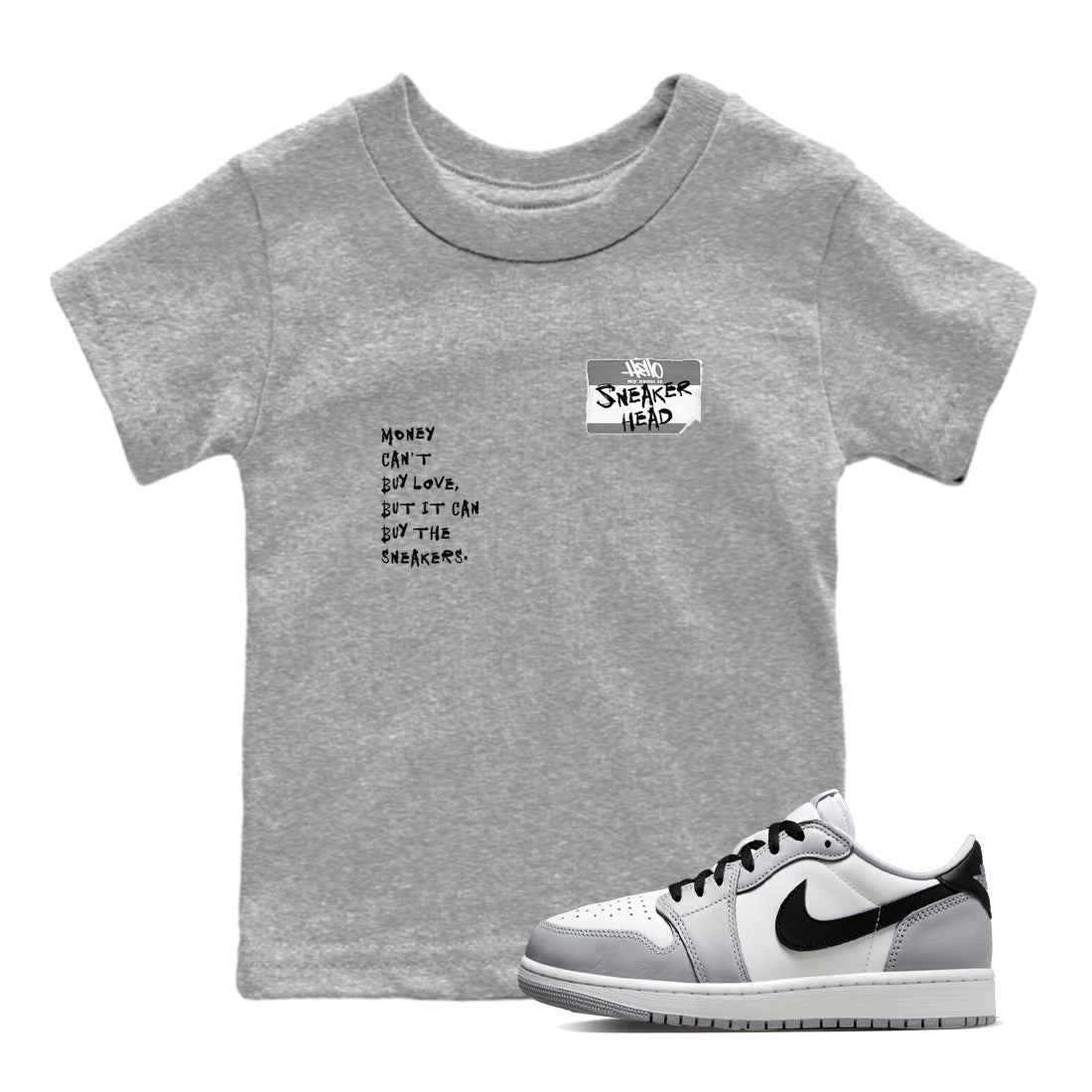 AJ1 Wolf Grey shirts to match jordans Sneakerhead Badge sneaker match tees Air Jordan 1 Wolf Grey SNRT Sneaker Tees streetwear brand Baby and Youth Heather Grey 1 cotton tee