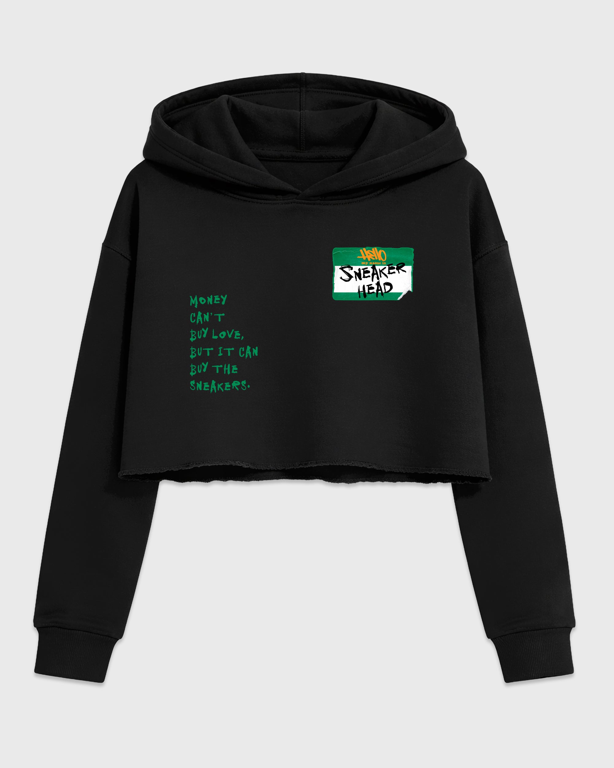 Sneakerhead Badge Women’s Graphic Crop Tee featuring original streetwear artwork designed to match the Air Jordan 11 Green Screen. Black 2 Crop Tee.