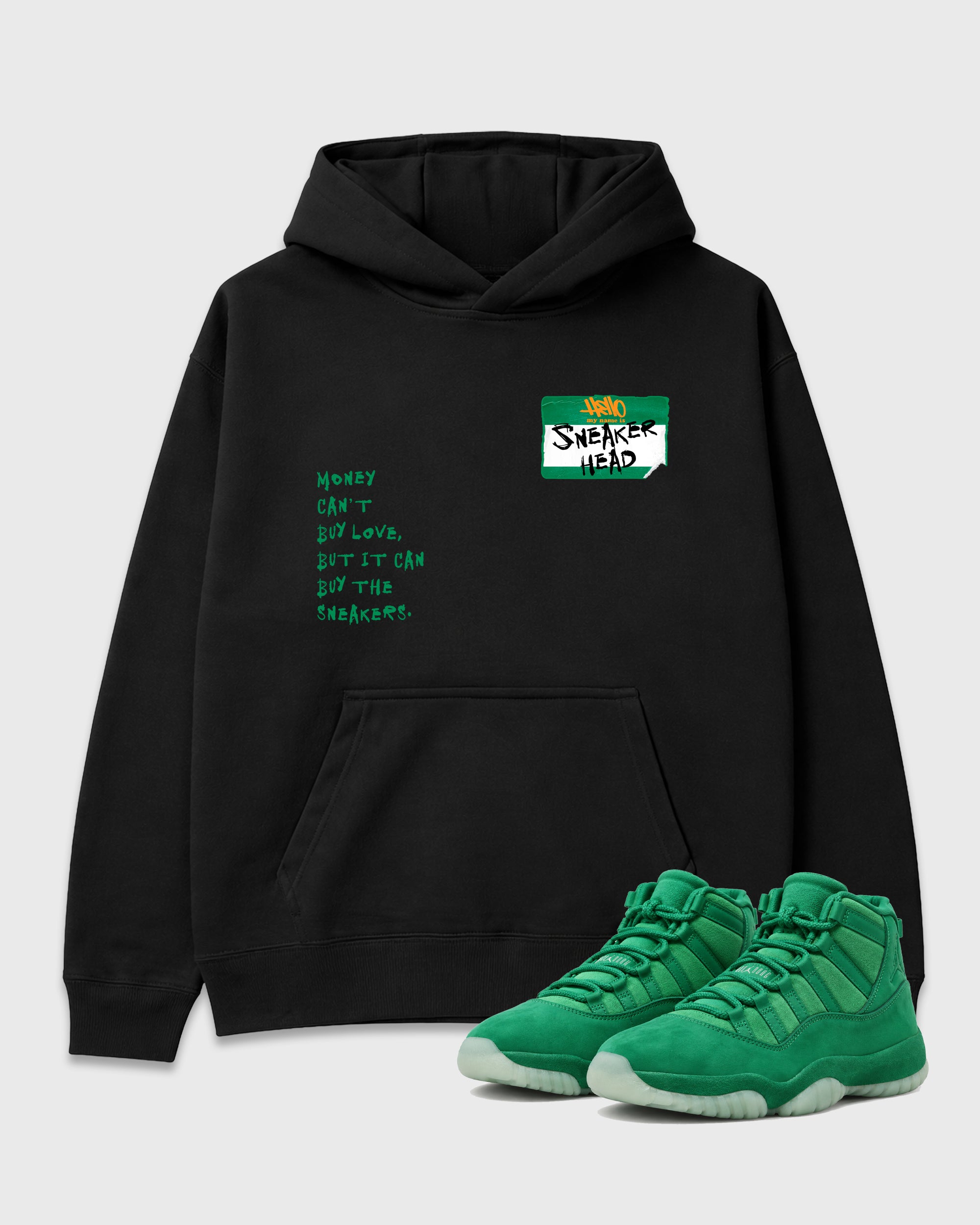 Sneakerhead Badge Graphic T-Shirt featuring original streetwear artwork designed to match the Air Jordan 11 Green Screen. Black 1 Graphic Tee.