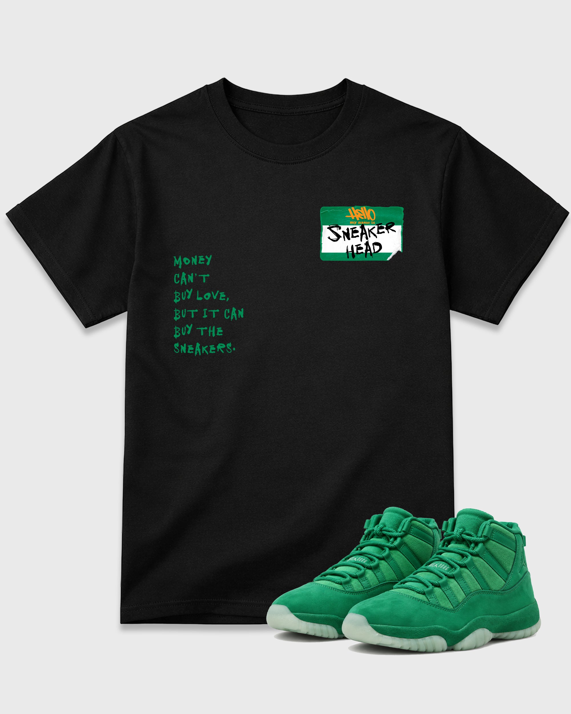 Sneakerhead Badge Graphic T-Shirt featuring original streetwear artwork designed to match the Air Jordan 11 Green Screen. Black 1 Graphic T-Shirt.