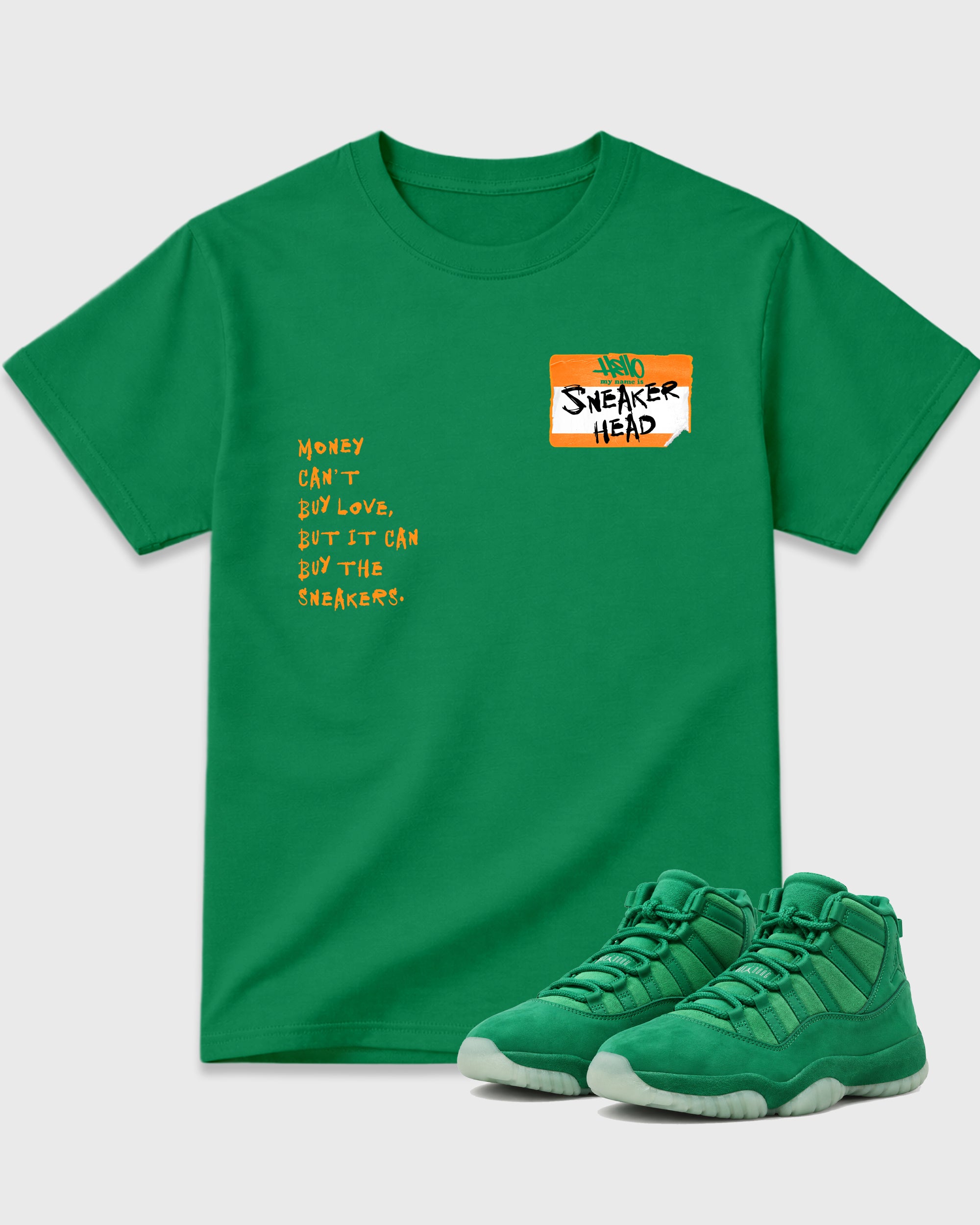Sneakerhead Badge Graphic T-Shirt featuring original streetwear artwork designed to match the Air Jordan 11 Green Screen. Kelly Green 1 Graphic T-Shirt.