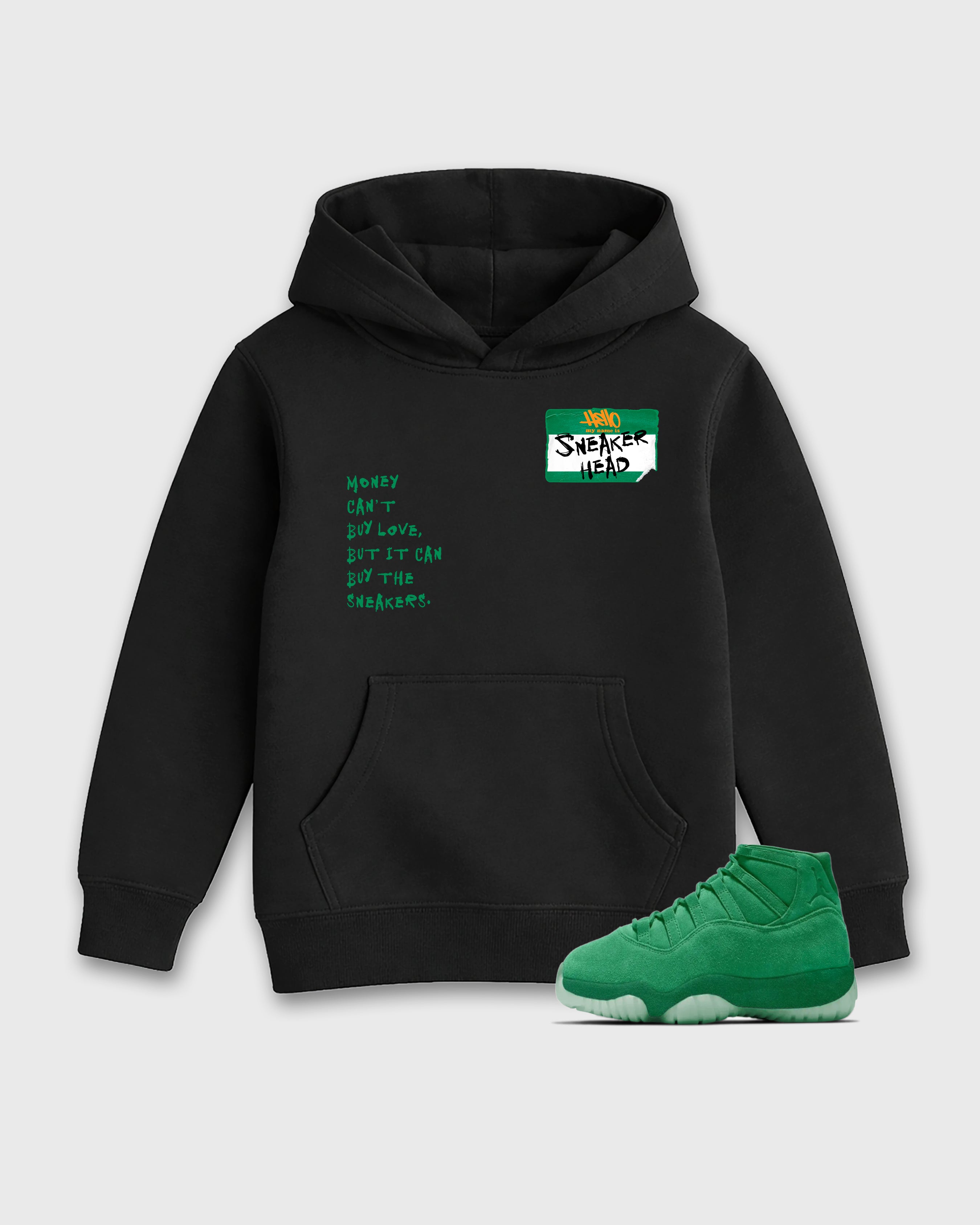 Sneakerhead Badge Baby & Kids Graphic Hoodie featuring original artwork designed to match the Air Jordan 11 Green Screen. Black 1 Kids Graphic Sweater.