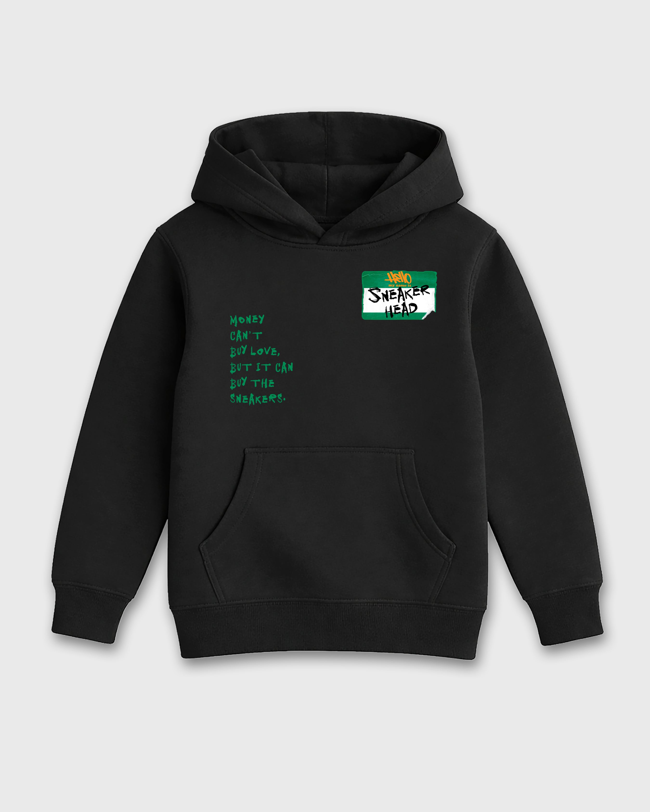 Sneakerhead Badge Baby & Kids Graphic Hoodie featuring original artwork designed to match the Air Jordan 11 Green Screen. Black 2 Kids Graphic Sweater.