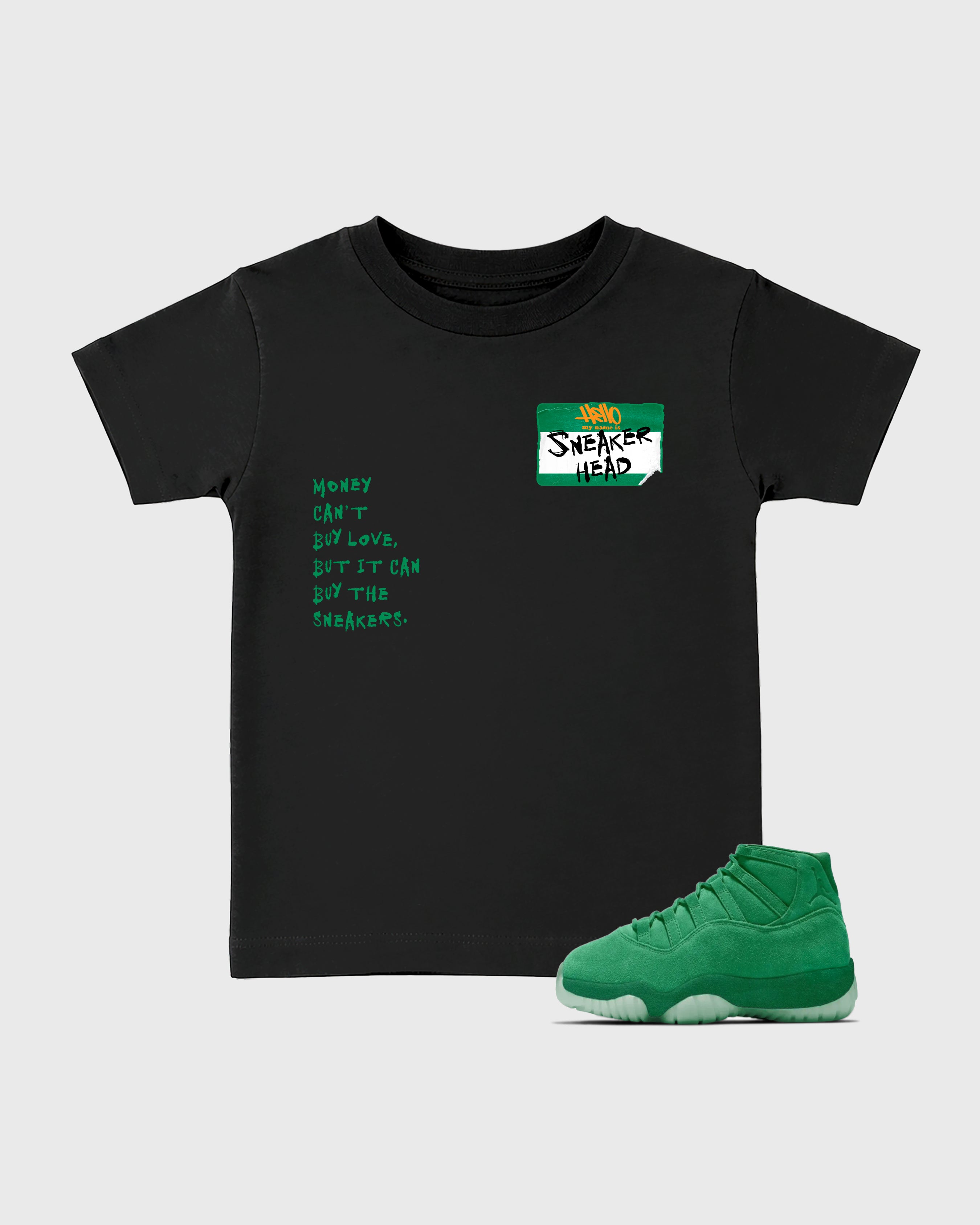 Sneakerhead Badge Baby & Kids Graphic T-Shirt featuring original artwork designed to match the Air Jordan 11 Green Screen. Black 1 Kids Graphic Tee.