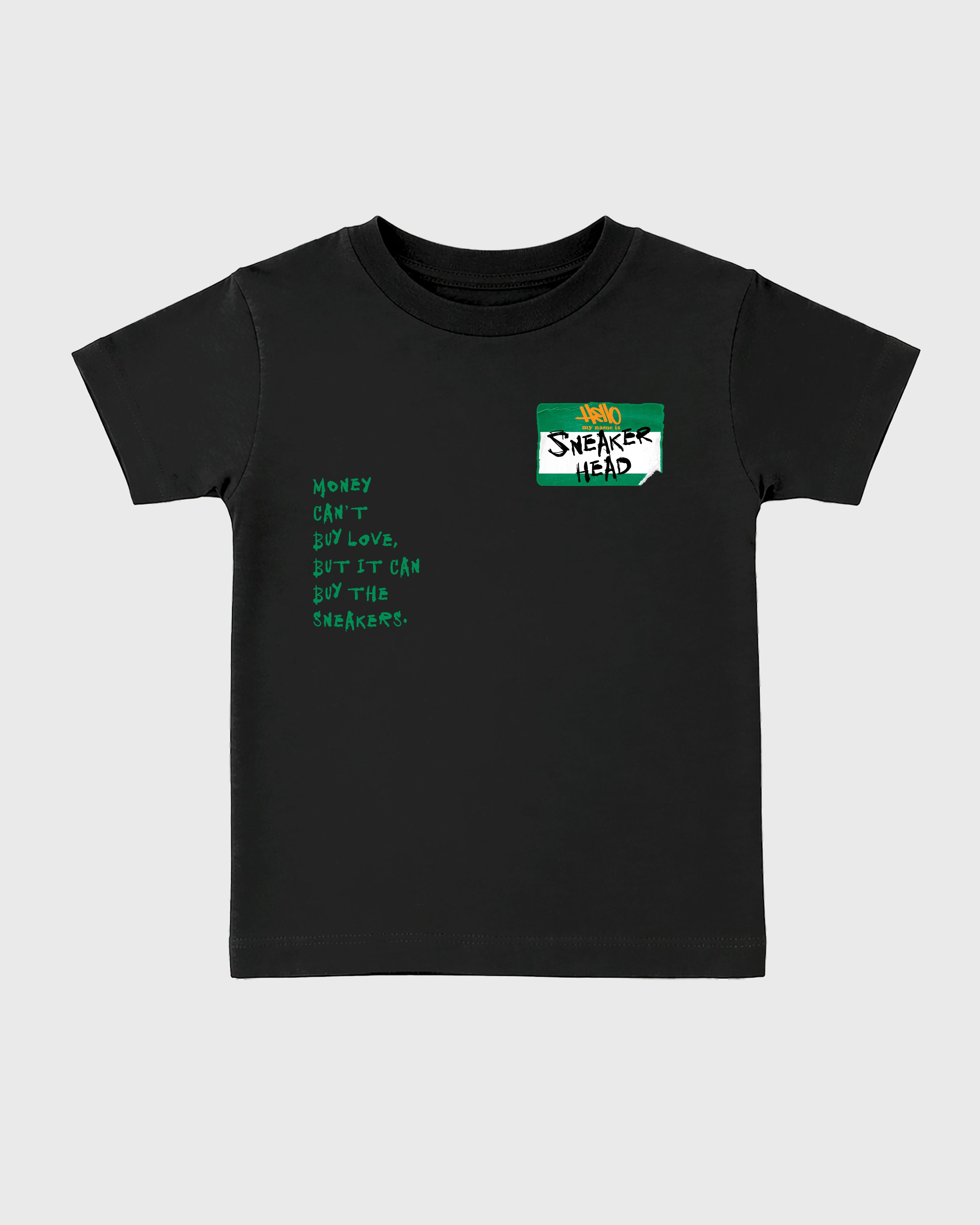 Sneakerhead Badge Baby & Kids Graphic T-Shirt featuring original artwork designed to match the Air Jordan 11 Green Screen. Black 2 Kids Graphic Tee.