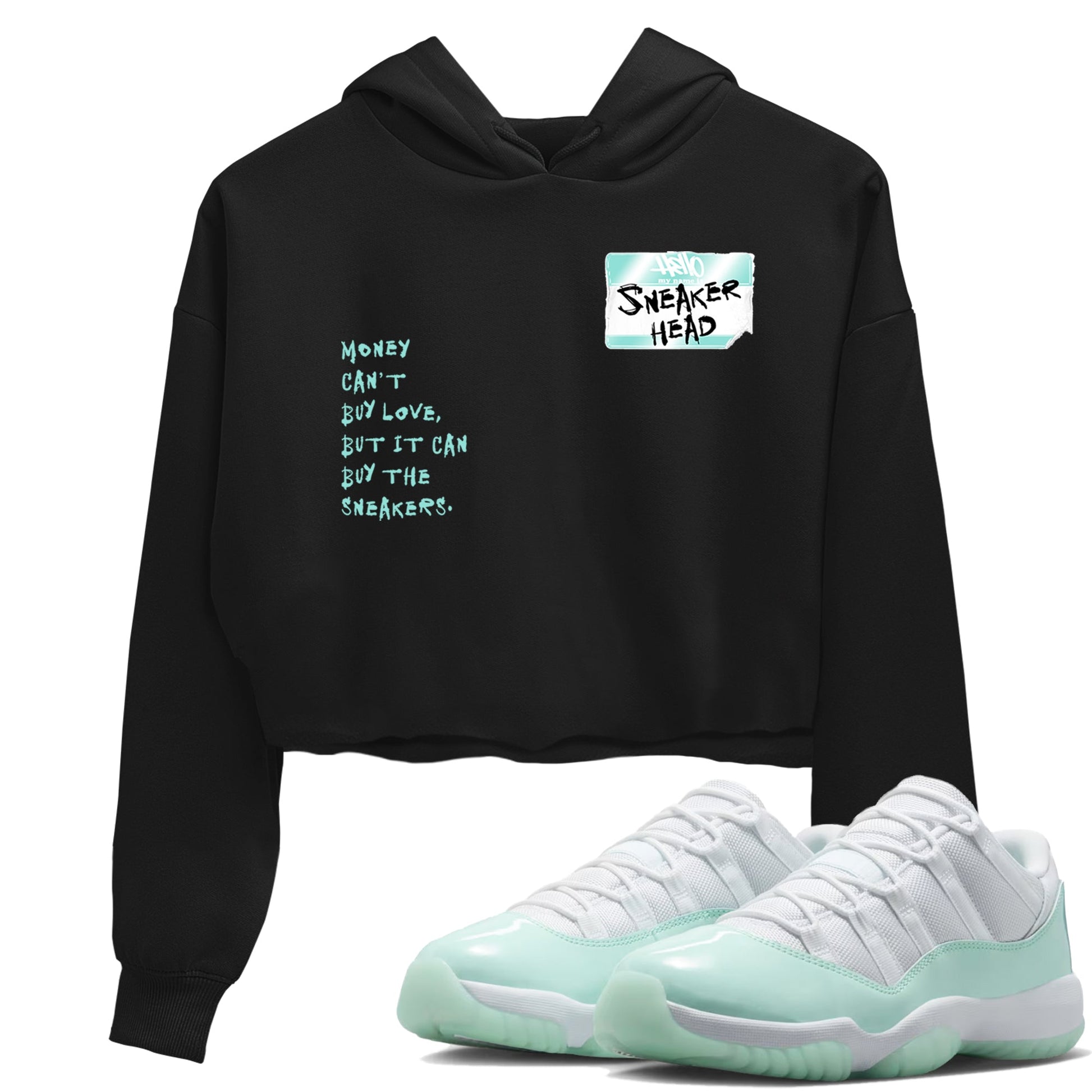 Sneakerhead Badge womens crop tee made to vibe with the Air Jordan 11 Igloo sneakers — the perfect match in Black 1.