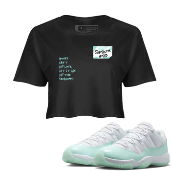 Sneakerhead Badge womens crop tee made to vibe with the Air Jordan 11 Igloo sneakers — the perfect match in Black 1.