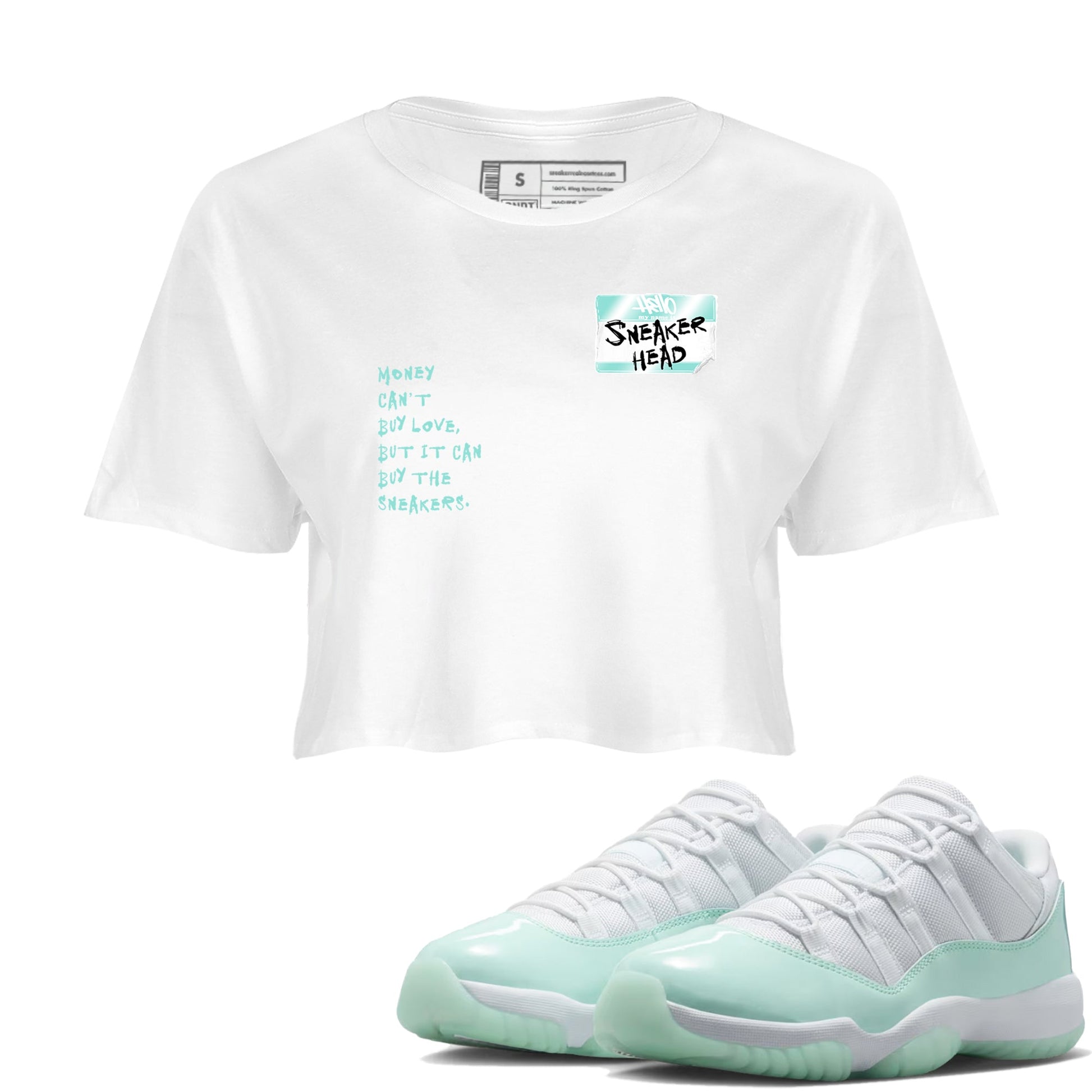 Sneakerhead Badge womens crop tee made to vibe with the Air Jordan 11 Igloo sneakers — the perfect match in White 1.