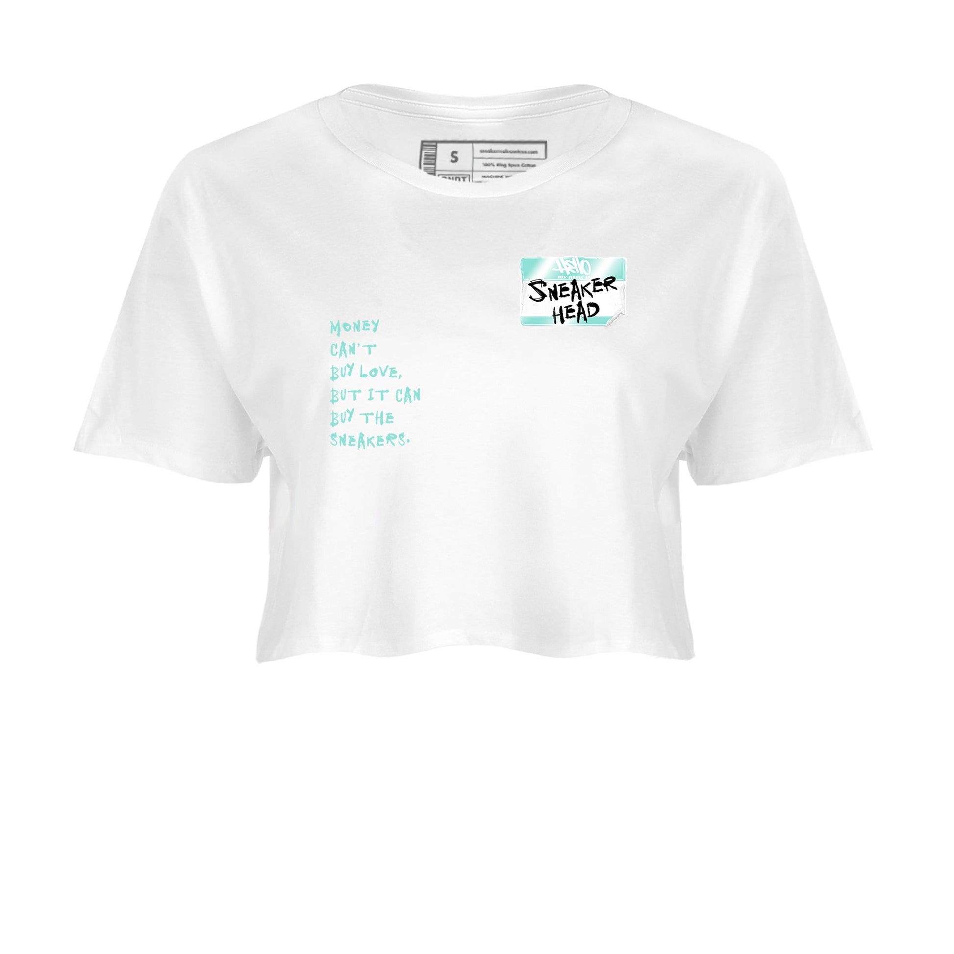 Sneakerhead Badge womens crop tee made to vibe with the Air Jordan 11 Igloo sneakers — the perfect match in White 2.