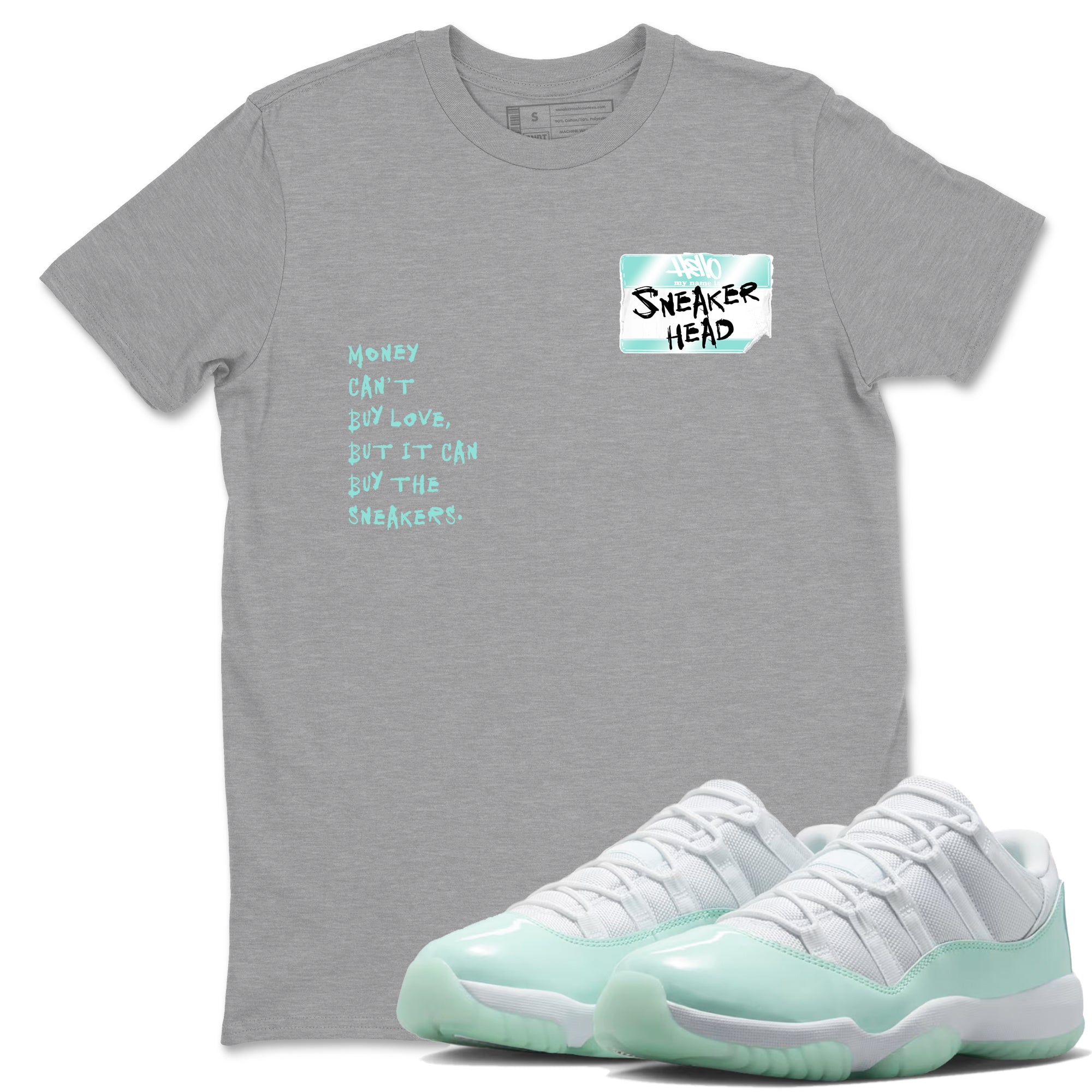 Sneakerhead Badge sneaker match t-shirt styled to complete your fit with the Air Jordan 11 Igloo sneakers, shown in Heather Grey 1.