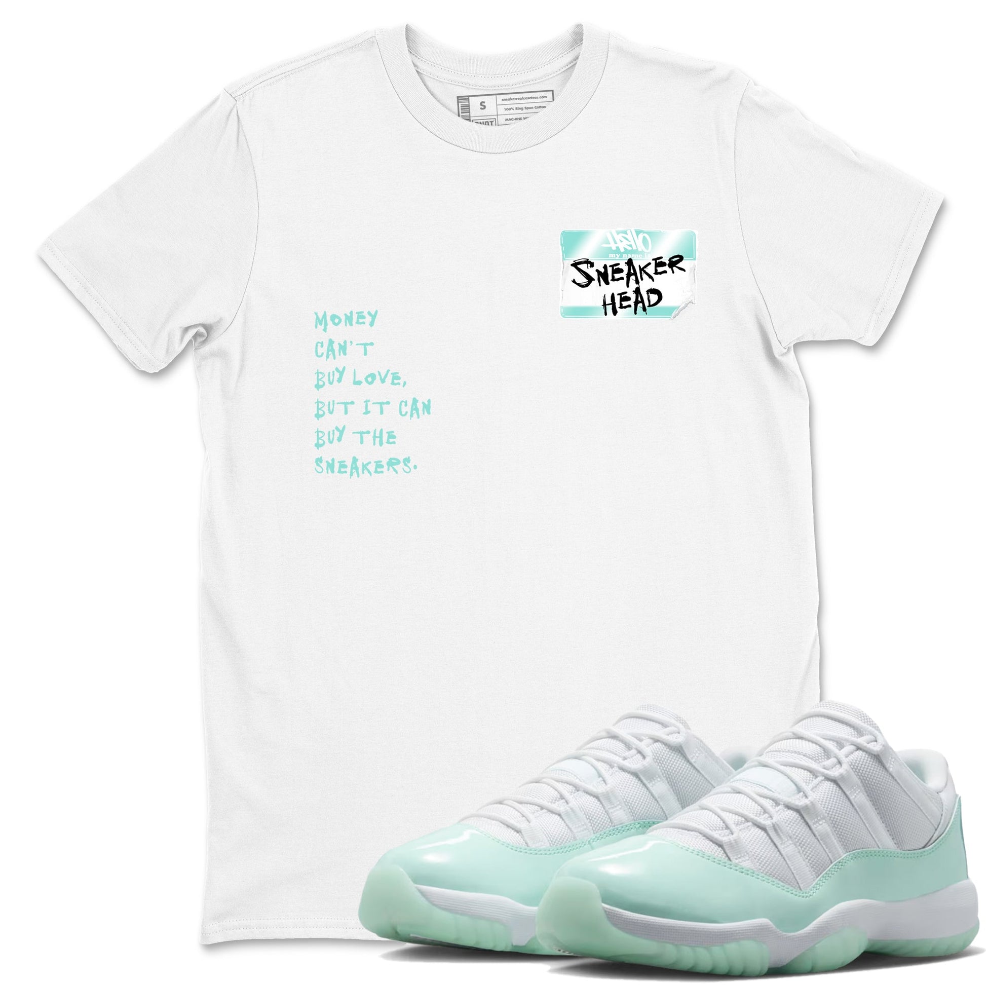 Sneakerhead Badge sneaker match t-shirt styled to complete your fit with the Air Jordan 11 Igloo sneakers, shown in White 1.