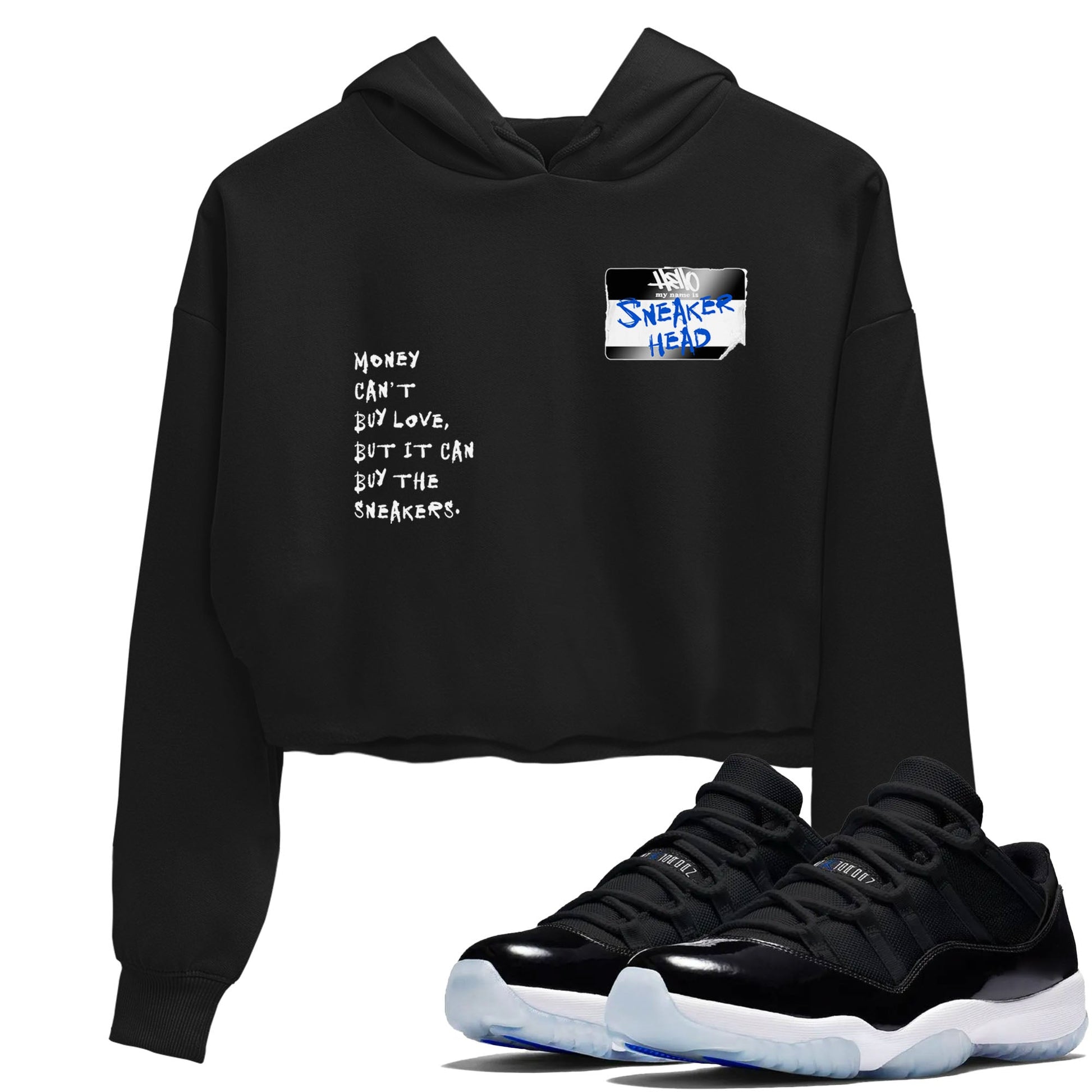 11s Black and Varsity Royal shirt to match jordans Sneakerhead Badge sneaker tees Air Jordan 11 Black/Varsity Royal SNRT Sneaker Release Tees Black 1 crop length shirt