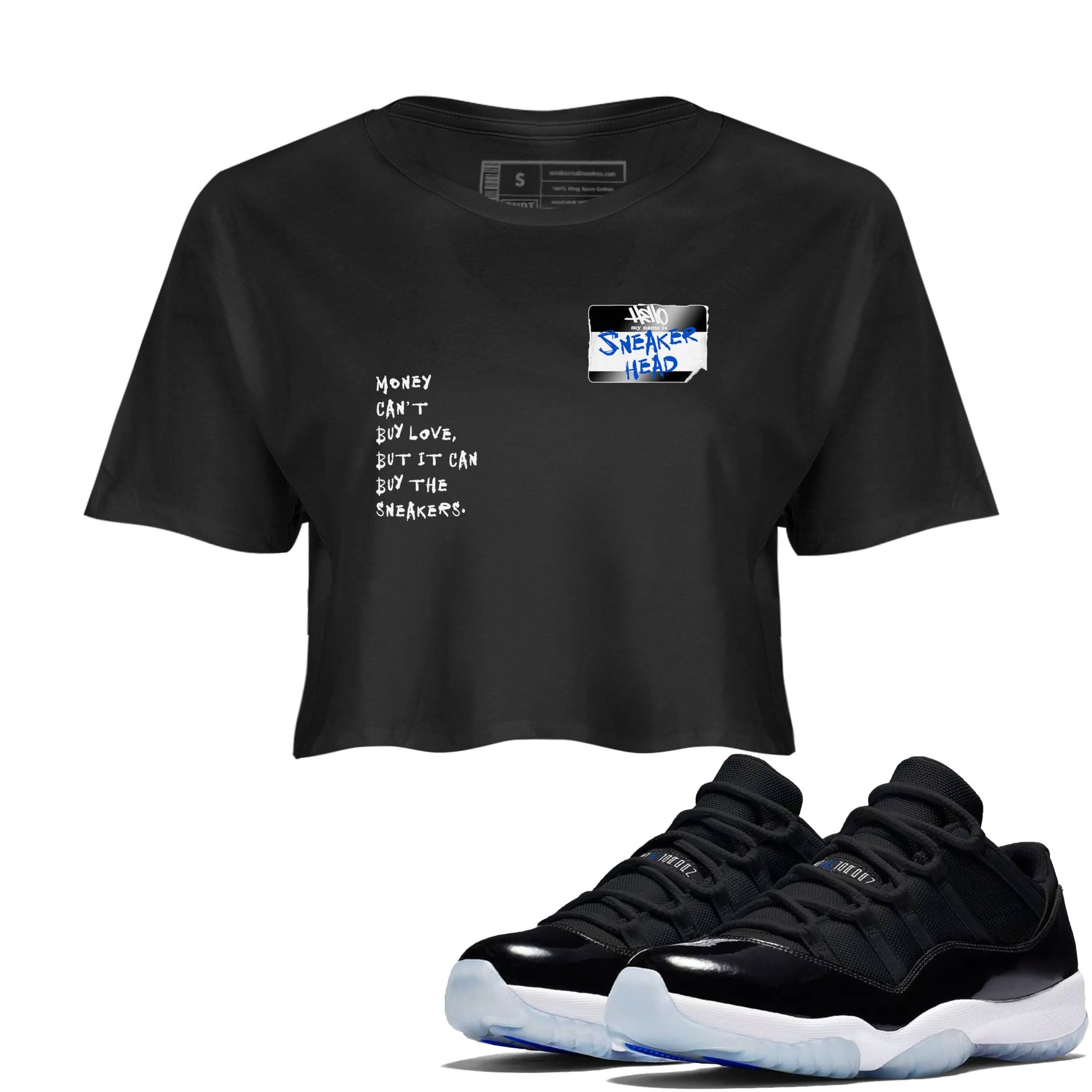 11s Black and Varsity Royal shirt to match jordans Sneakerhead Badge sneaker tees Air Jordan 11 Black/Varsity Royal SNRT Sneaker Release Tees Black 1 crop length shirt