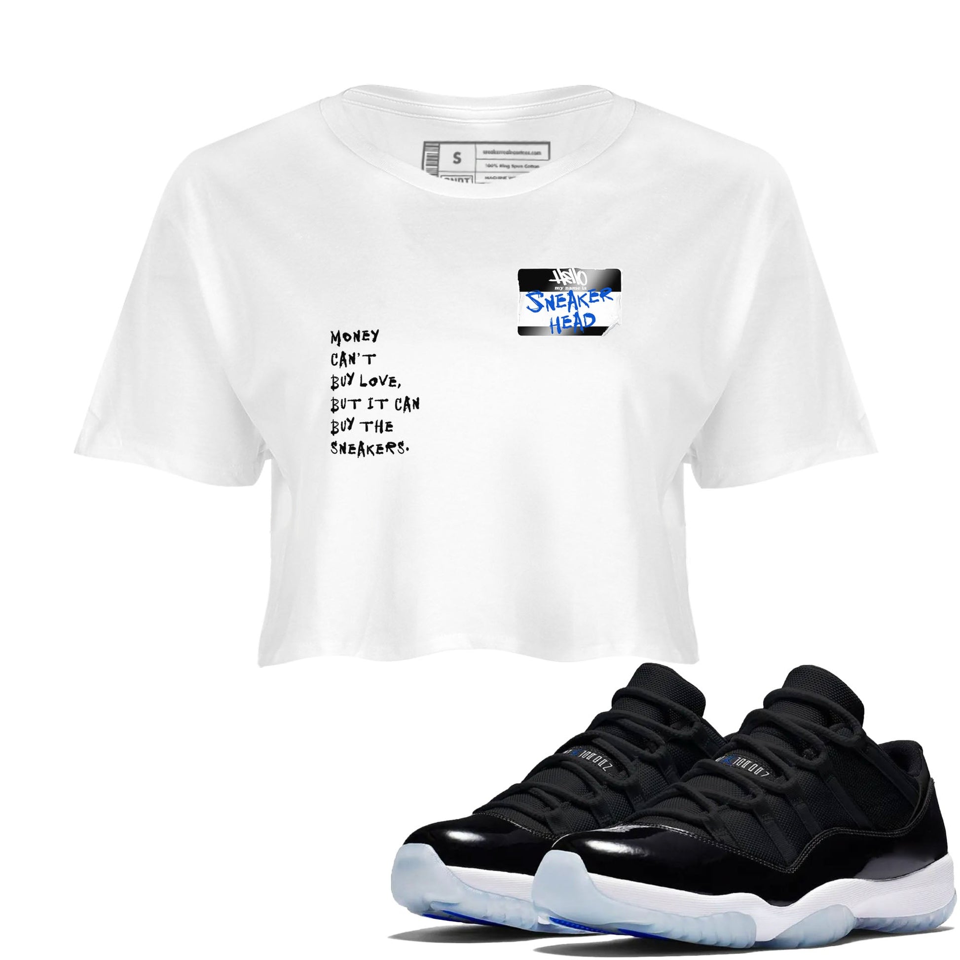 11s Black and Varsity Royal shirt to match jordans Sneakerhead Badge sneaker tees Air Jordan 11 Black/Varsity Royal SNRT Sneaker Release Tees White 1 crop length shirt