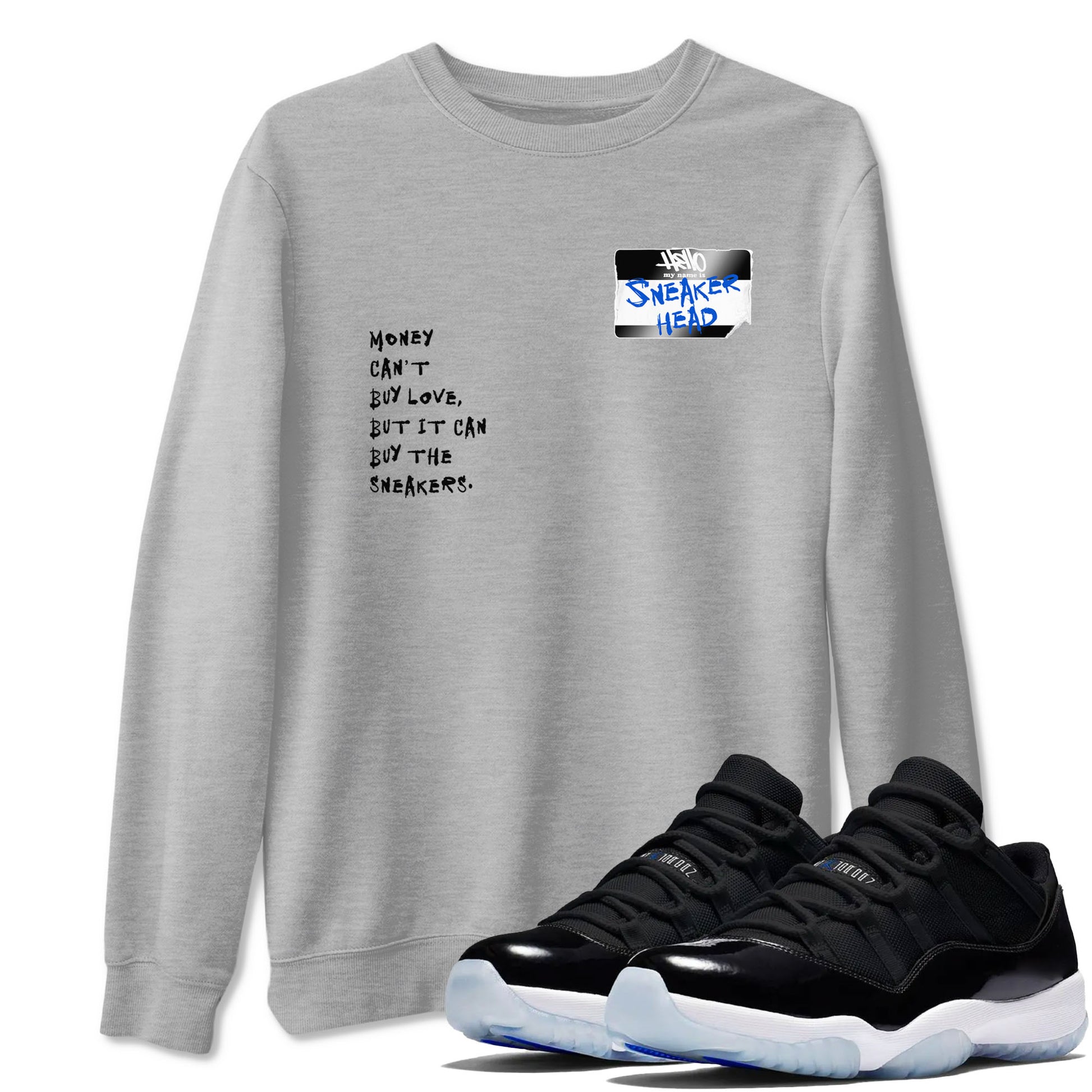 11s Black and Varsity Royal shirt to match jordans Sneakerhead Badge sneaker tees Air Jordan 11 Black/Varsity Royal SNRT Sneaker Release Tees unisex cotton Heather Grey 1 crew neck shirt