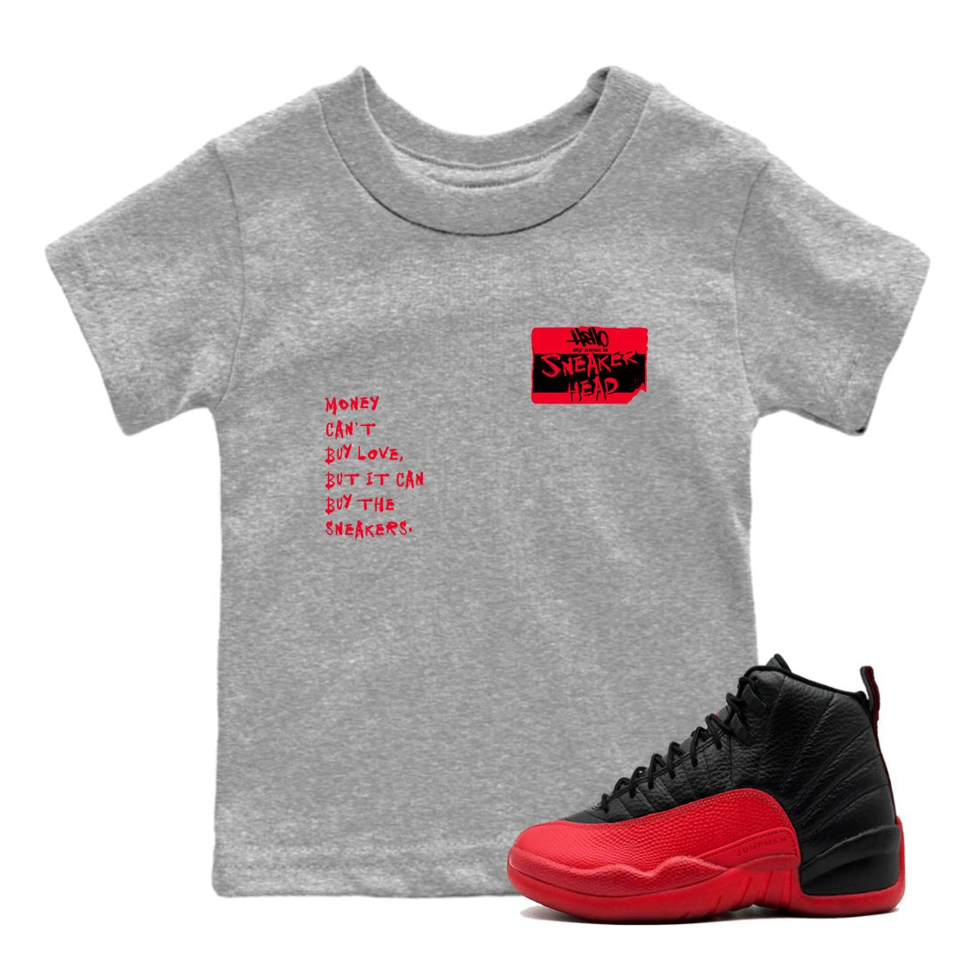 12s Flu Game shirts to match jordans Sneakerhead Badge sneaker match tees Air Jordan 12 Retro Flu Game match shoes to clothes SNRT Sneaker Tees Youth Baby Heather Grey 1 tee