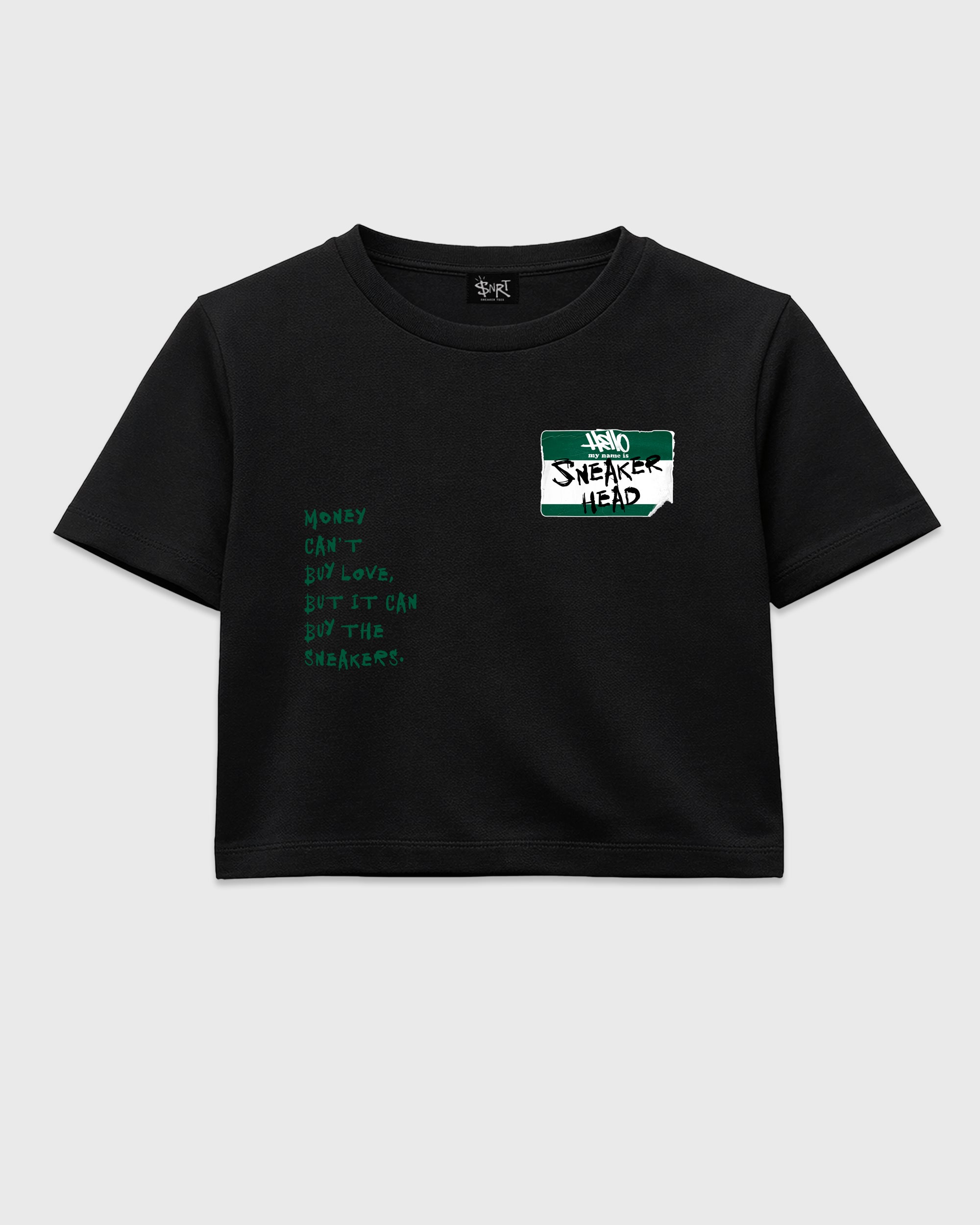 Sneakerhead Badge women’s crop tee designed to match the Air Jordan 12 Retro Bucks, featuring coordinated Black 2 options for a perfect streetwear vibe.