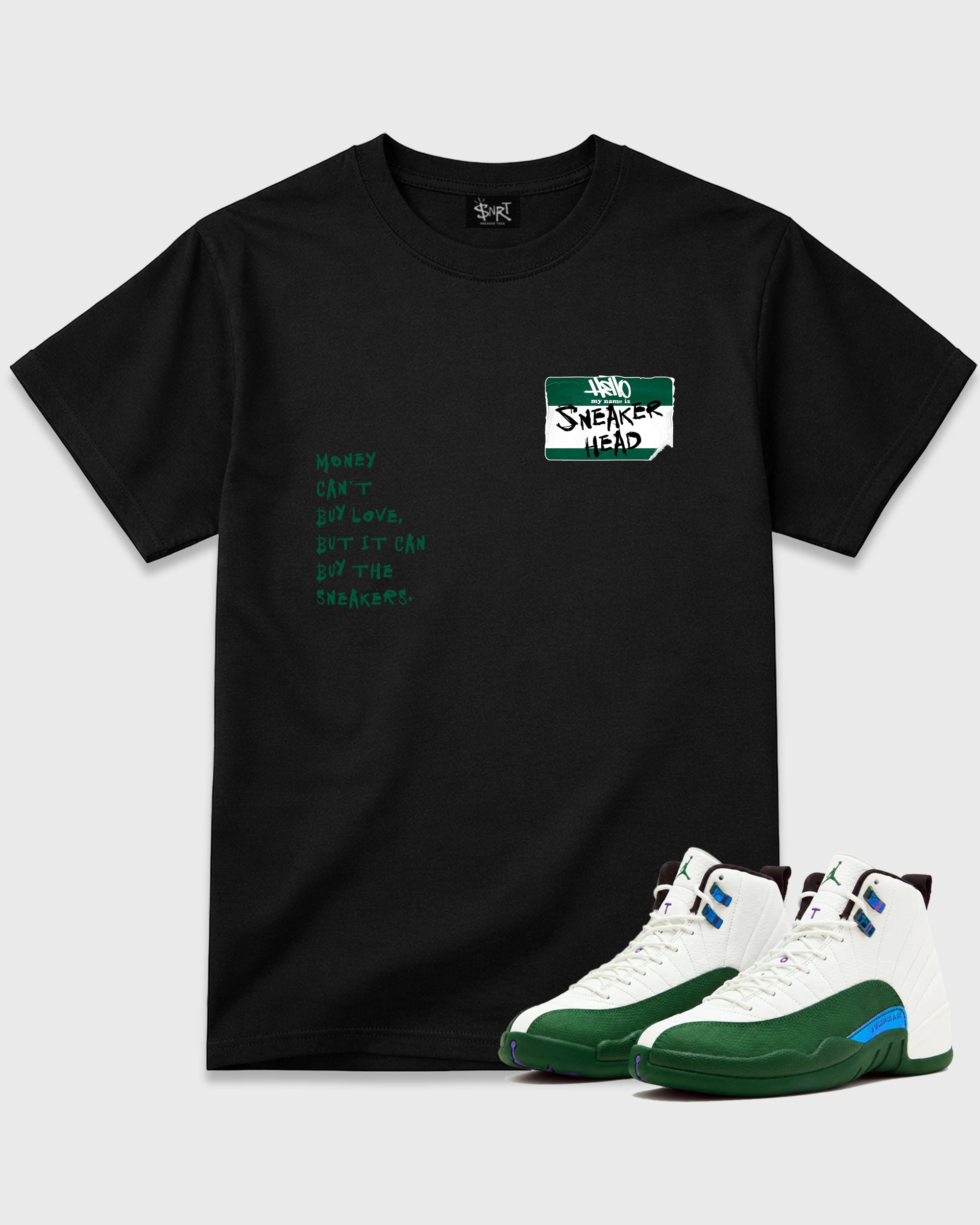 Sneakerhead Badge Graphic T-Shirt featuring original streetwear artwork designed to match the Air Jordan 12 Retro Bucks. Black 1 Graphic T-Shirt.