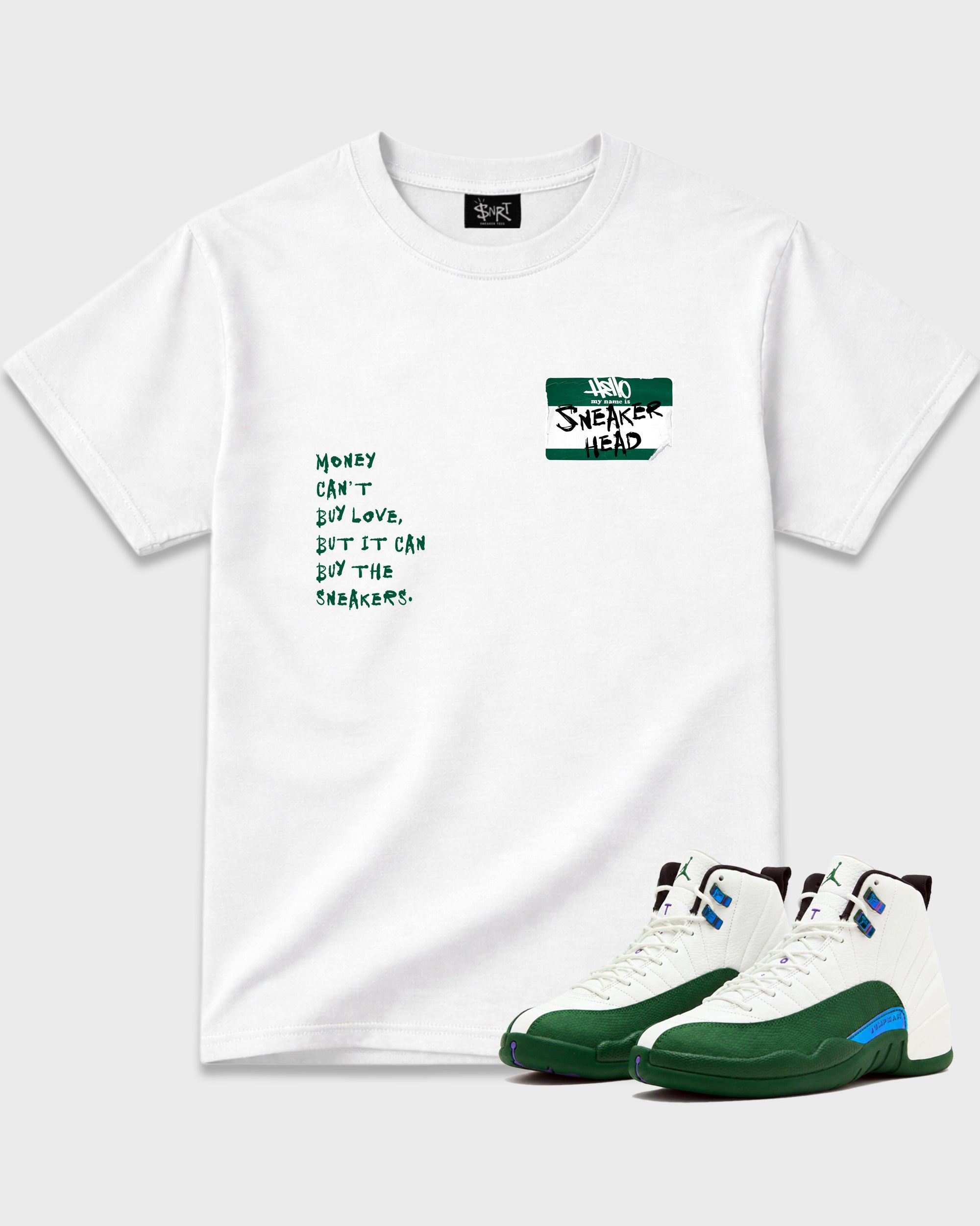 Sneakerhead Badge Graphic T-Shirt featuring original streetwear artwork designed to match the Air Jordan 12 Retro Bucks. White 1 Graphic T-Shirt.