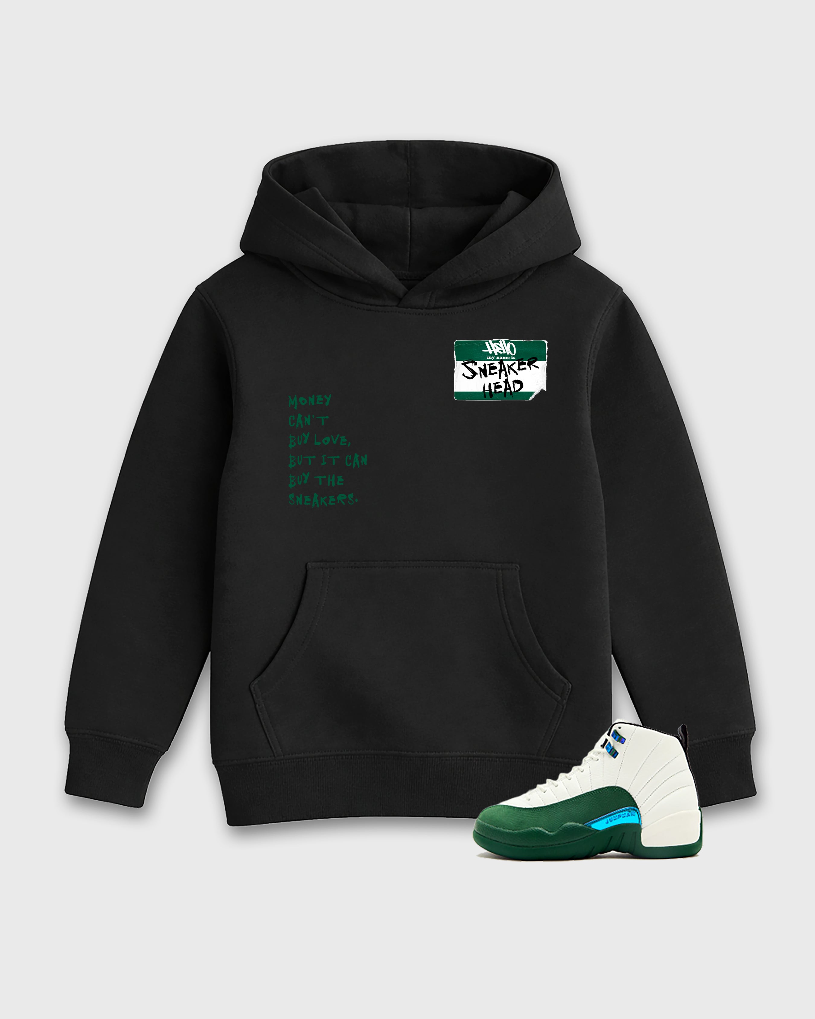 Sneakerhead Badge Baby & Kids Graphic Hoodie featuring original artwork designed to match the Air Jordan 12 Retro Bucks. Black 1 Kids Graphic Sweater.