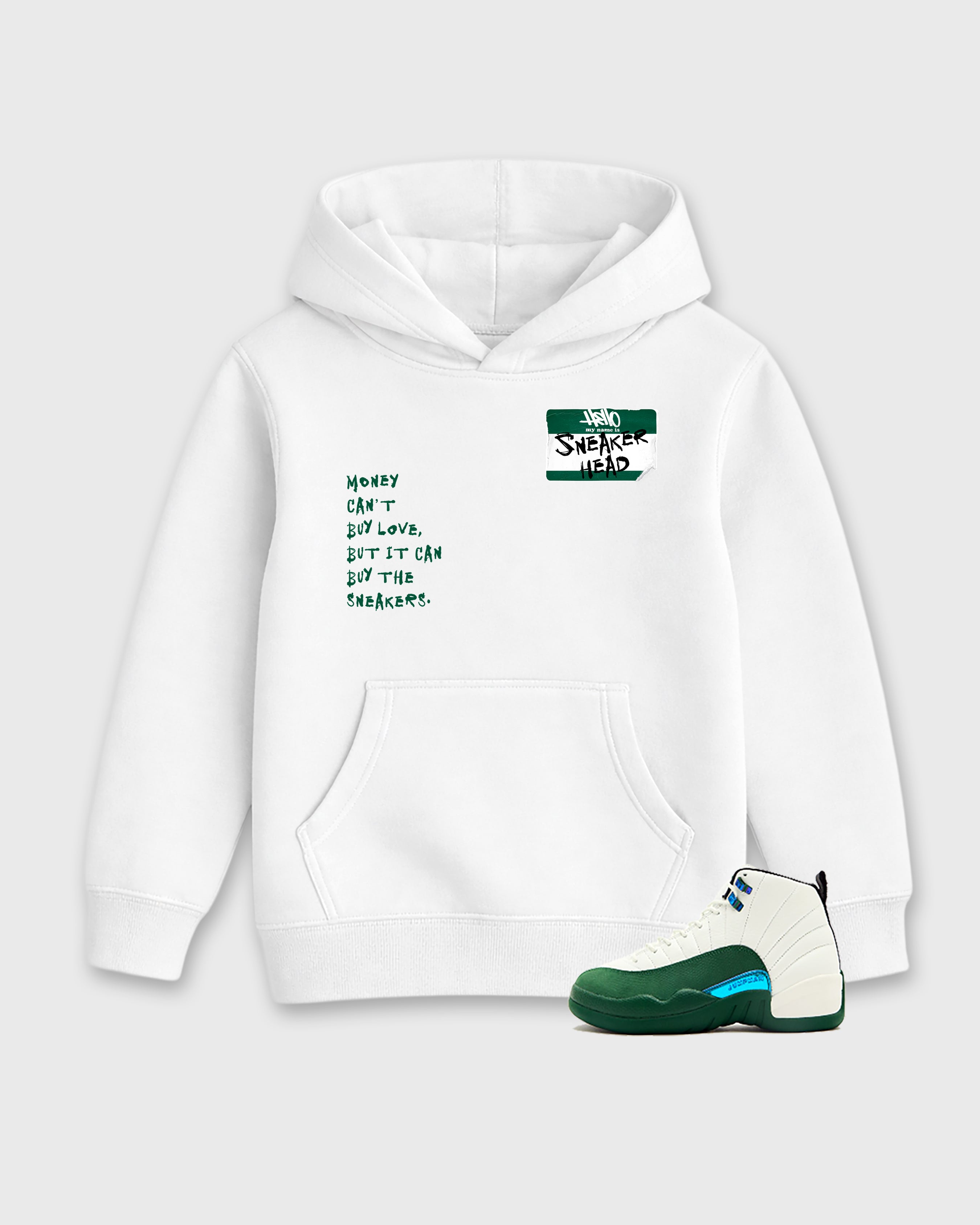 Sneakerhead Badge Baby & Kids Graphic Hoodie featuring original artwork designed to match the Air Jordan 12 Retro Bucks. White 1 Kids Graphic Sweater.